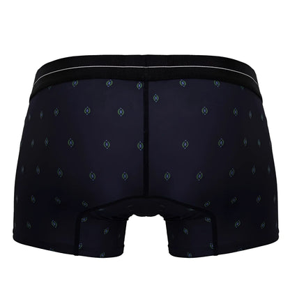 Black hawai 42520 printed microfiber trunks with light blue and gray geometric pattern and black waistband with white stripe