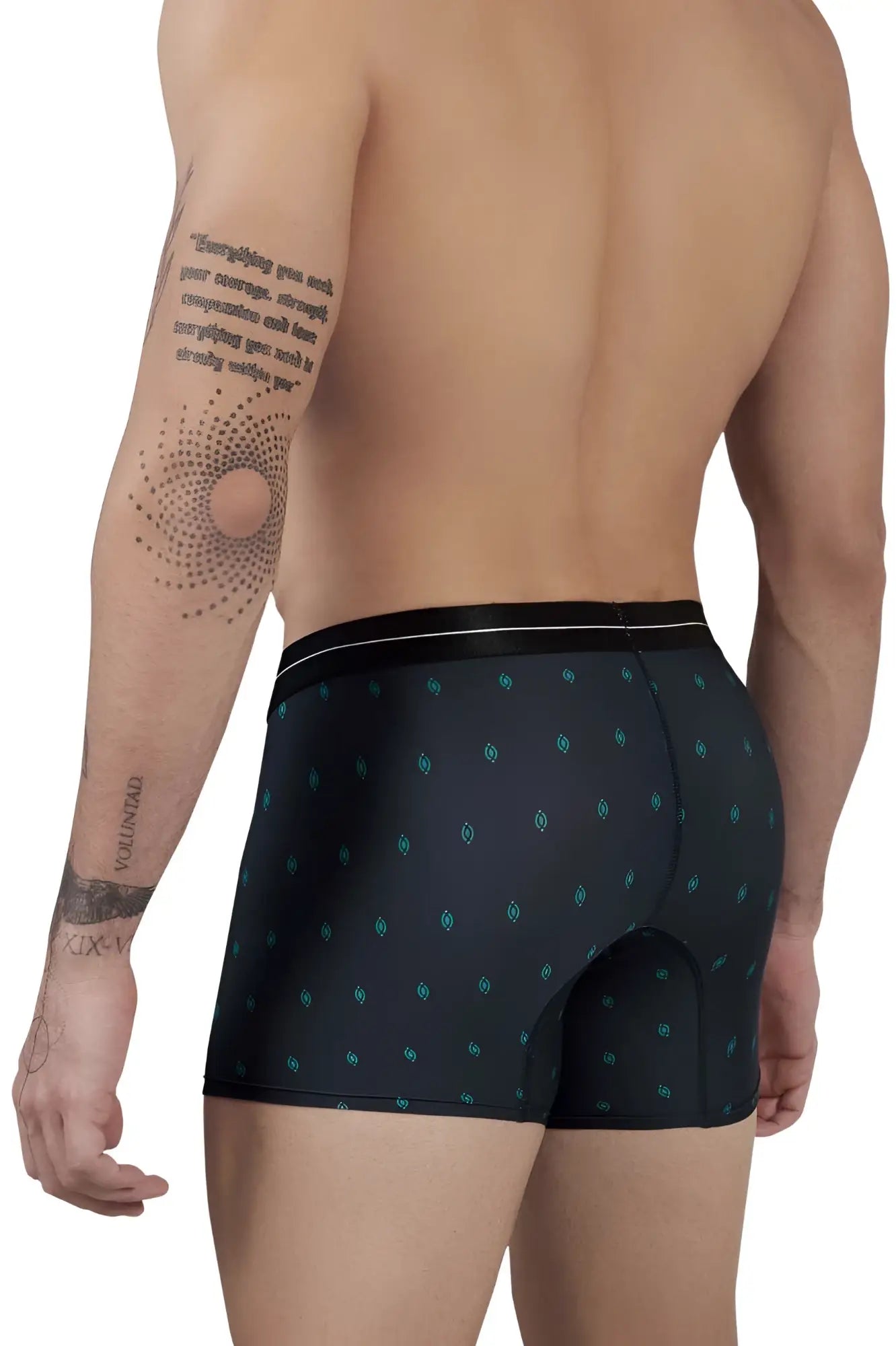 Black hawai 42520 printed microfiber boxer briefs with a subtle teal geometric pattern and black waistband