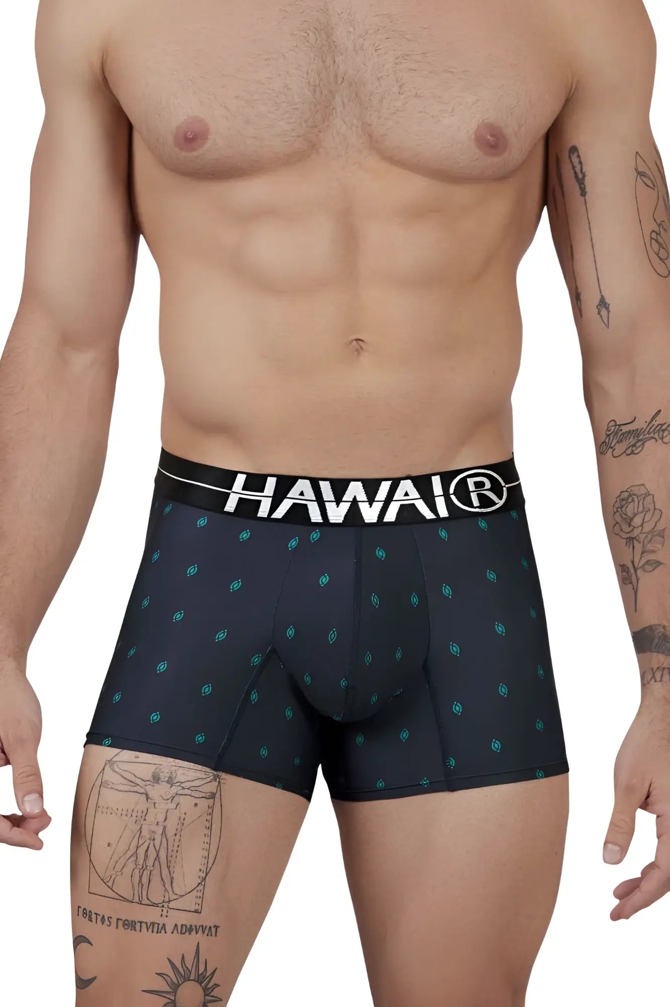 Black hawaI 42520 printed microfiber trunks with white waistband and teal leaf patterns in dark blue color