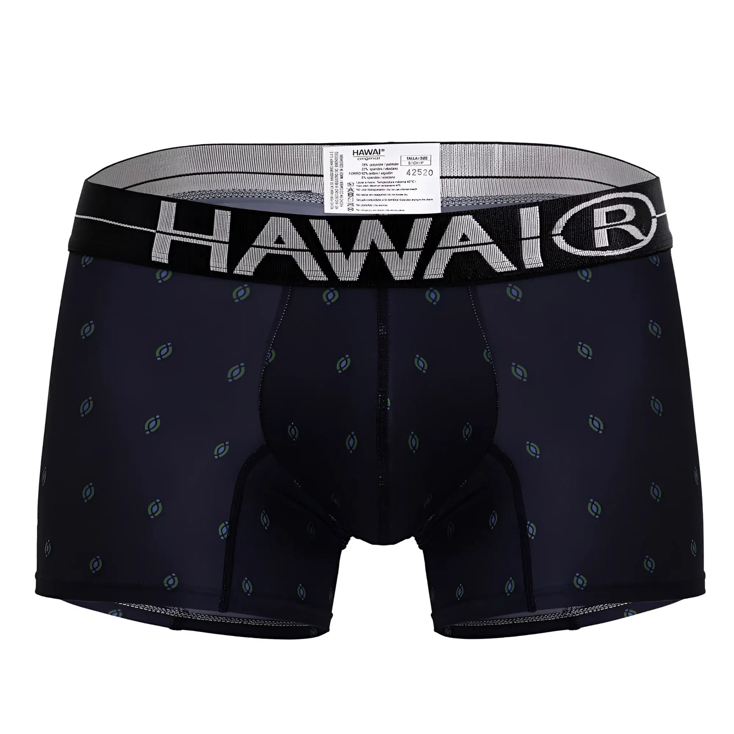 Black hawaiian boxer briefs in dark blue microfiber with subtle gray pattern and white hawaii branding on waistband