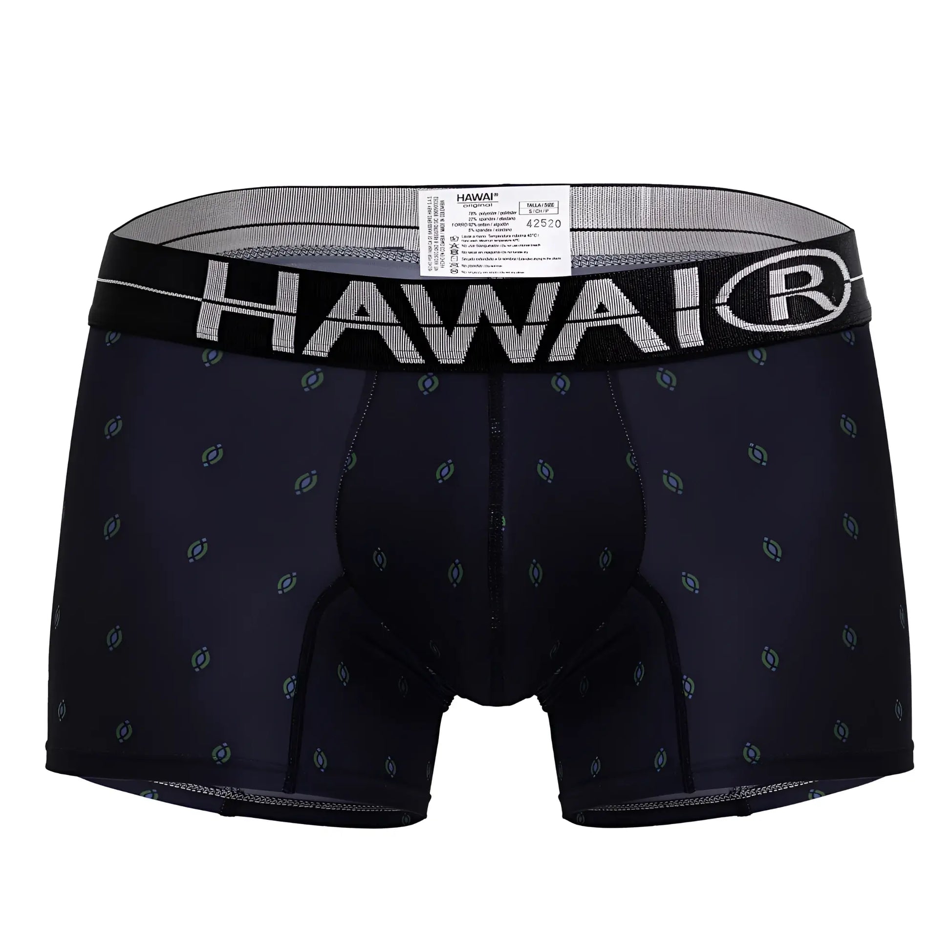 Black hawaiian boxer briefs in dark blue microfiber with subtle gray pattern and white hawaii branding on waistband