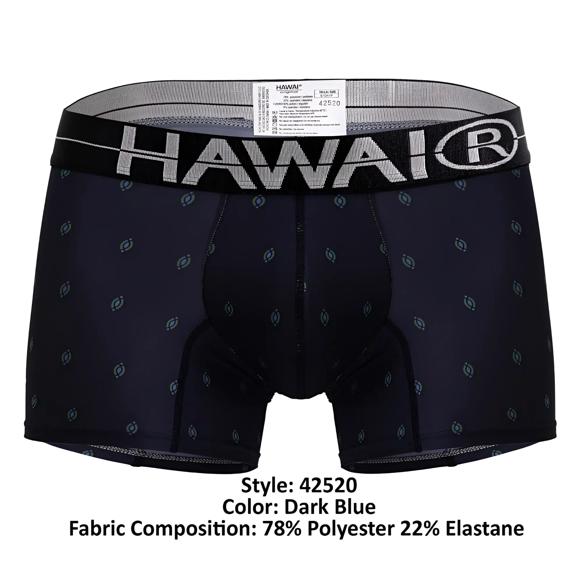 Dark blue hawaiian microfiber boxer briefs with light gray oval pattern and black waistband featuring brand name