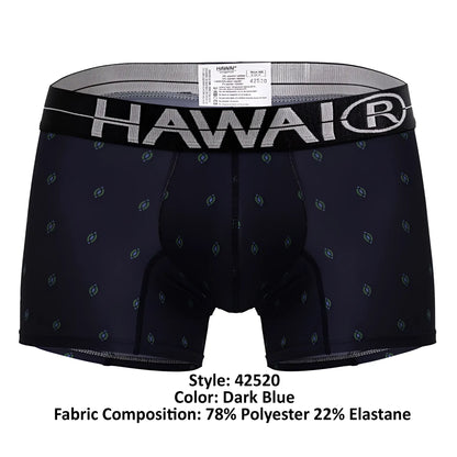 Dark blue hawaiian microfiber boxer briefs with light gray oval pattern and black waistband featuring brand name