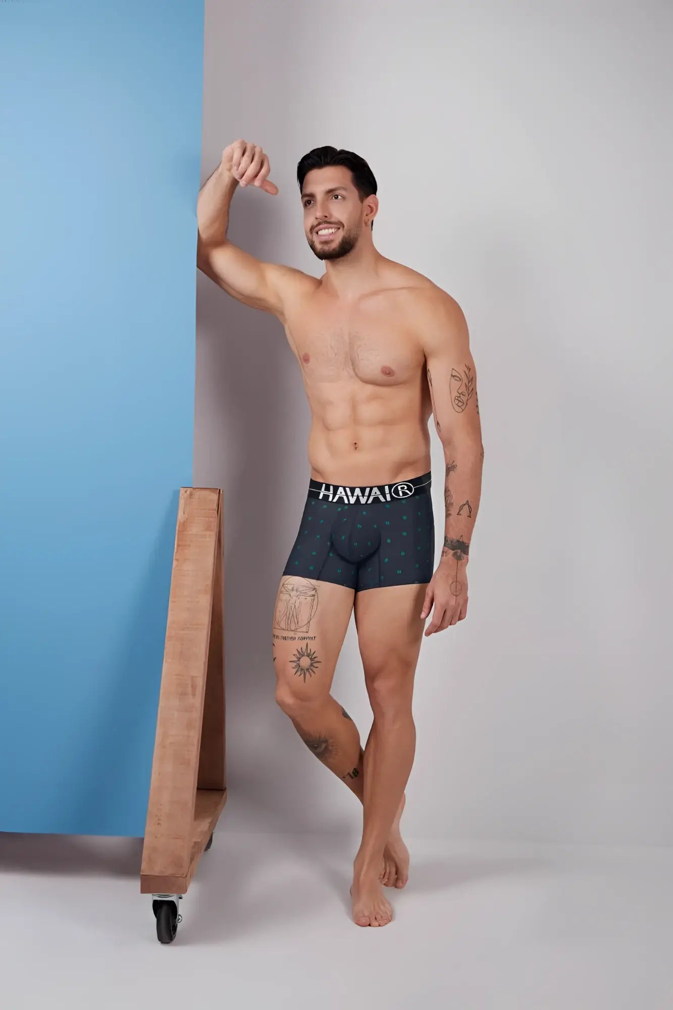 Dark blue hawaiki 42520 microfiber boxer briefs with subtle pattern and white branding on the waistband