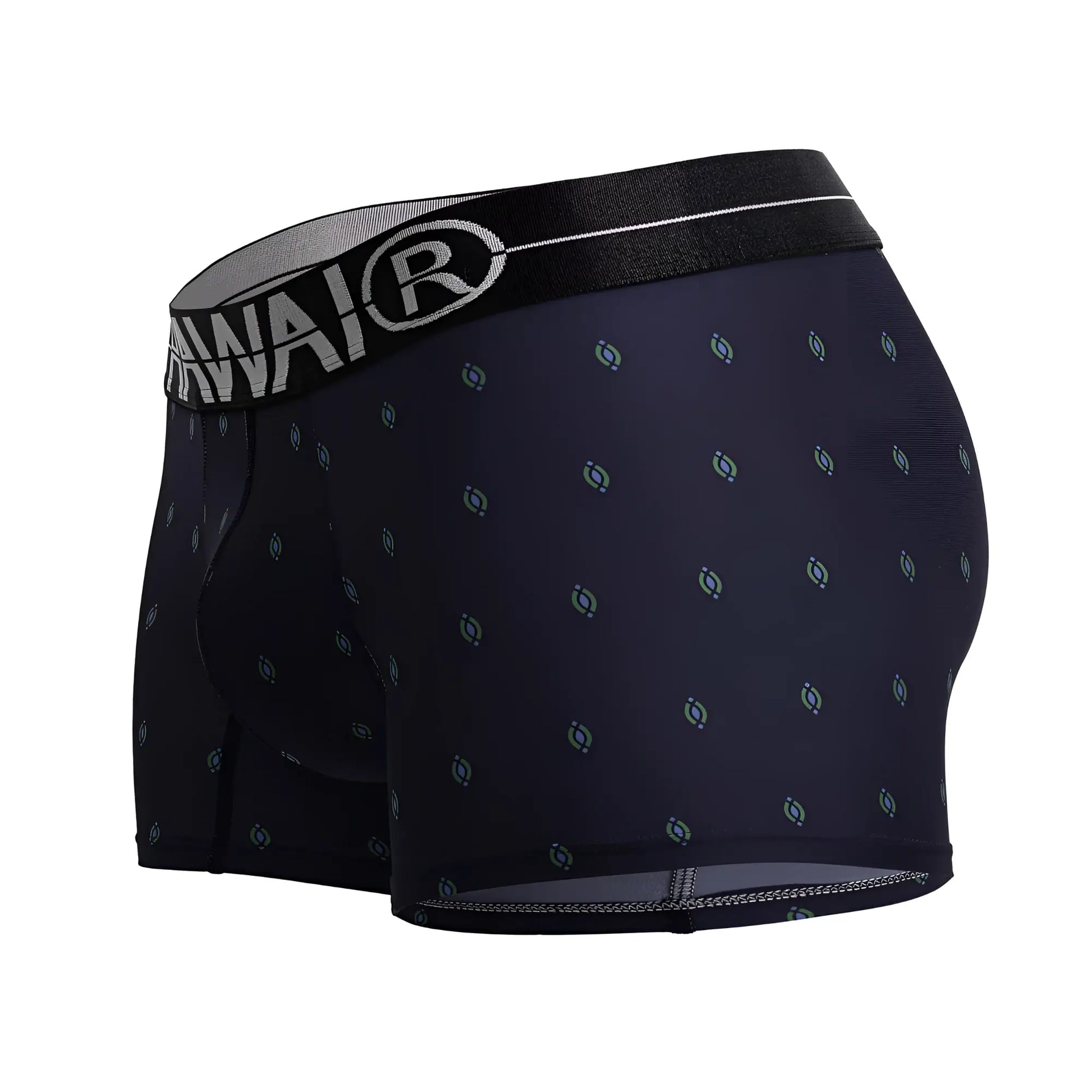 Dark navy hawaï 42520 printed microfiber trunks with light blue gray circular motifs and black waistband logo