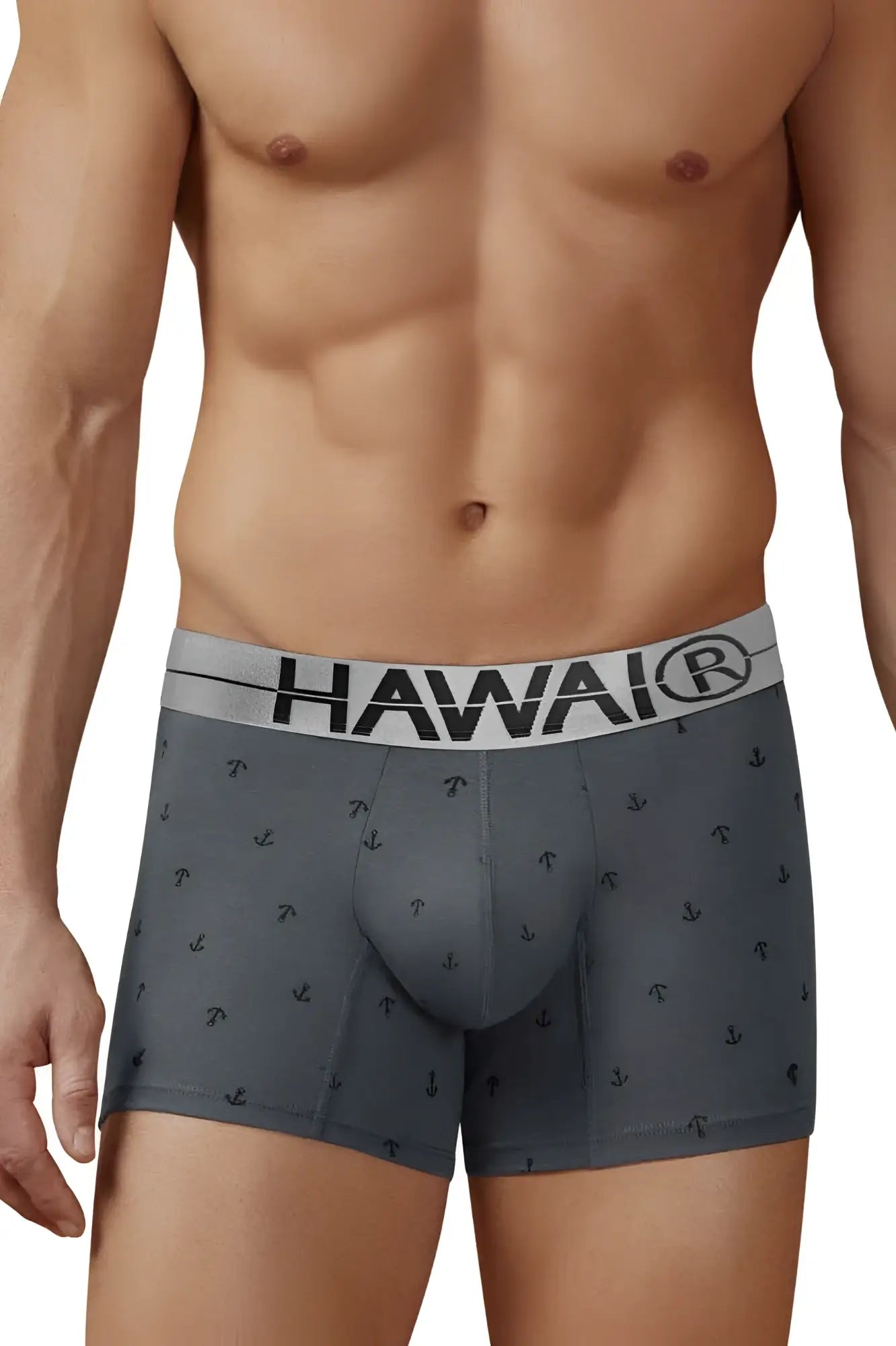 Gray cotton blend boxer briefs with black anchor pattern and white waistband featuring hawaii logo model 42521