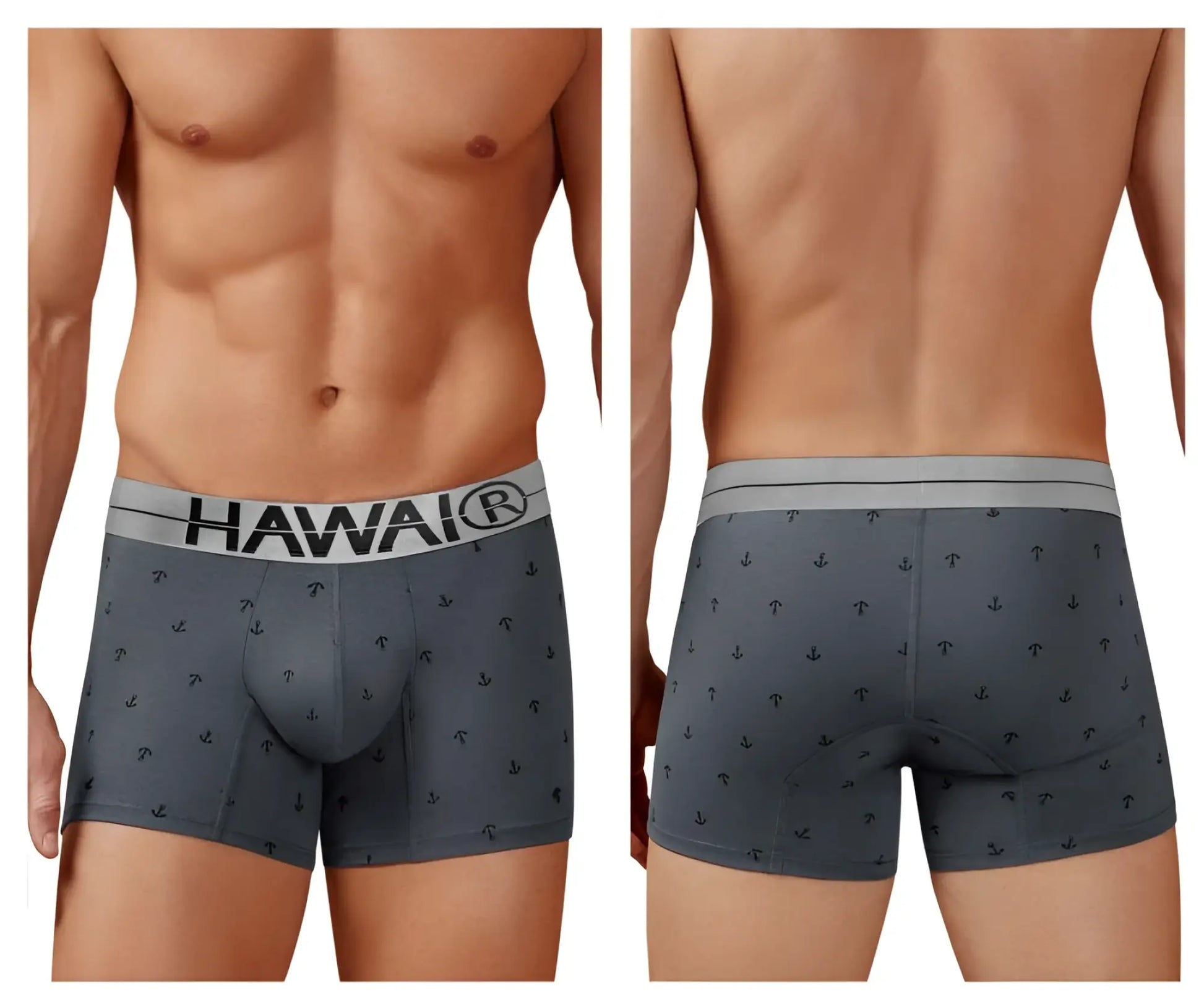 Gray cotton blend boxer briefs with black anchor pattern and white waistband featuring hawaii brand name