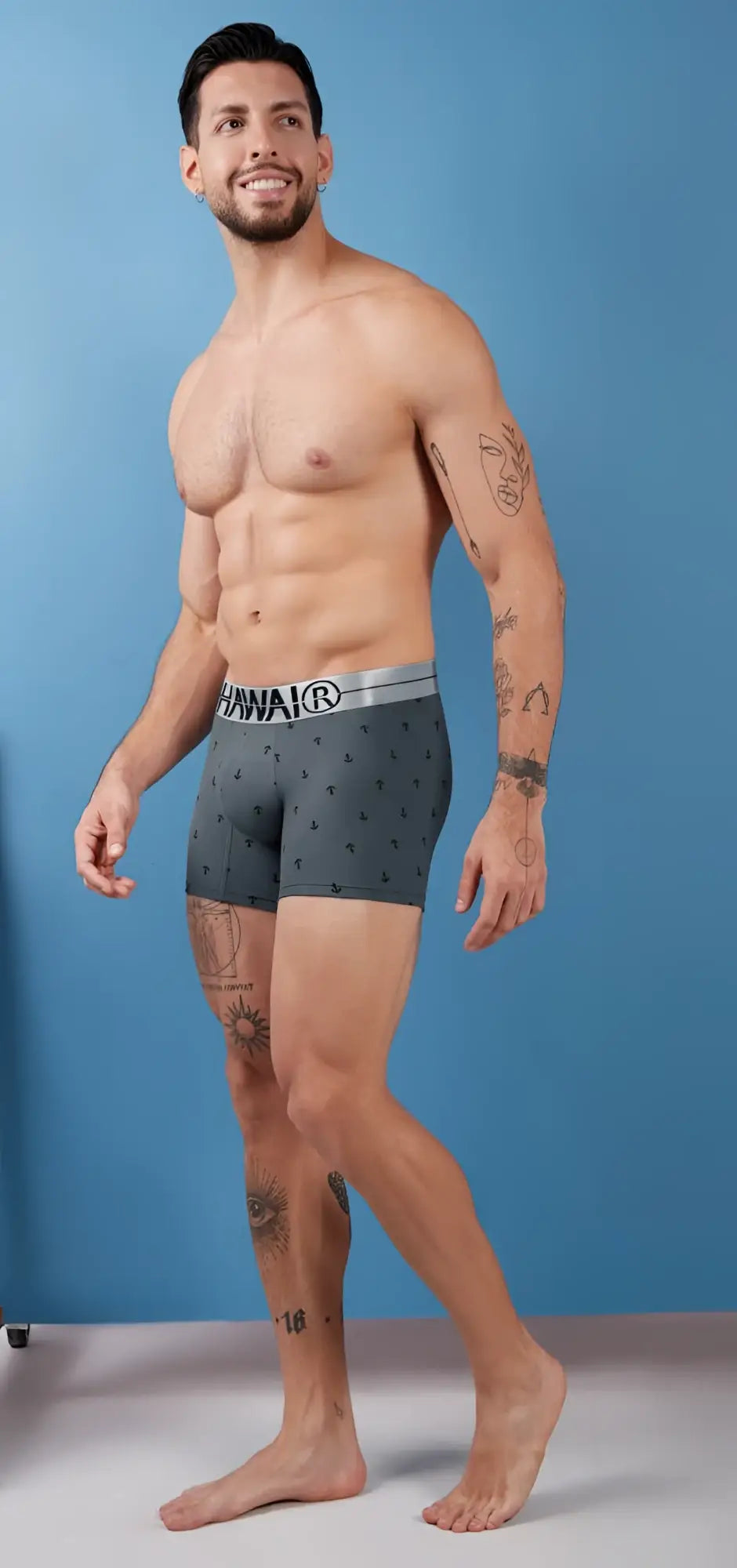 Gray cotton blend boxer briefs hawai 42521 with subtle pattern and silver waistband featuring hanna logo