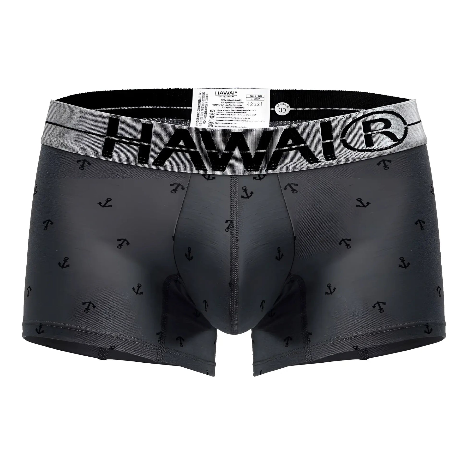 Gray hawai 42521 cotton blend boxer briefs with black anchor pattern and gray waistband featuring brand logo