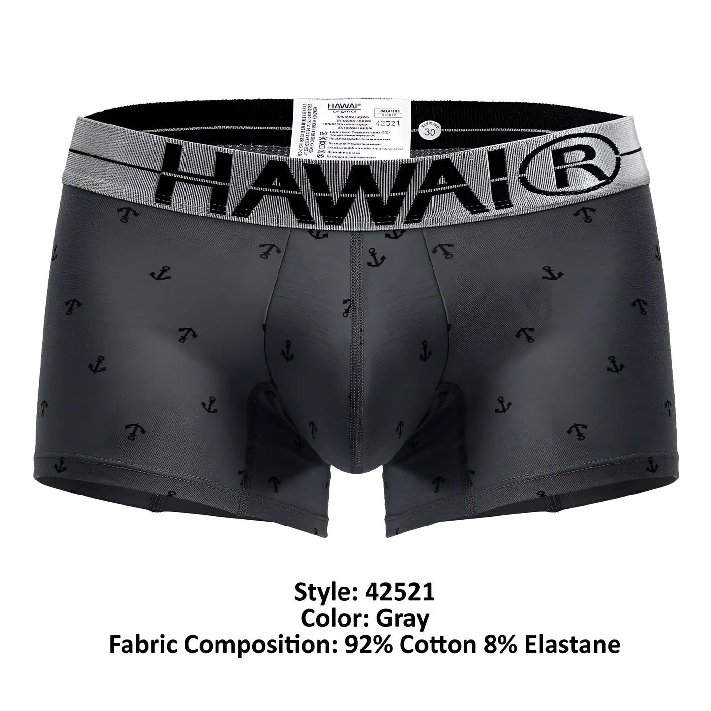 Gray hawai men’s cotton blend boxer briefs with black anchor pattern and elastic waistband color gray