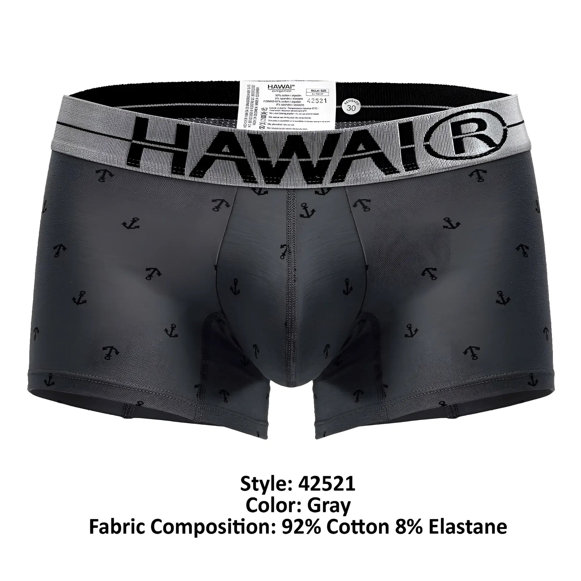 Gray hawai men’s cotton blend boxer briefs with black anchor pattern and elastic waistband color gray