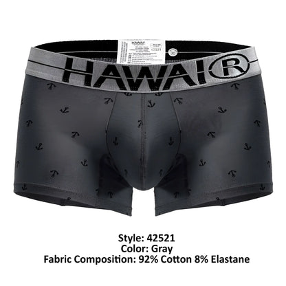Gray hawai men’s cotton blend boxer briefs with black anchor pattern and elastic waistband color gray