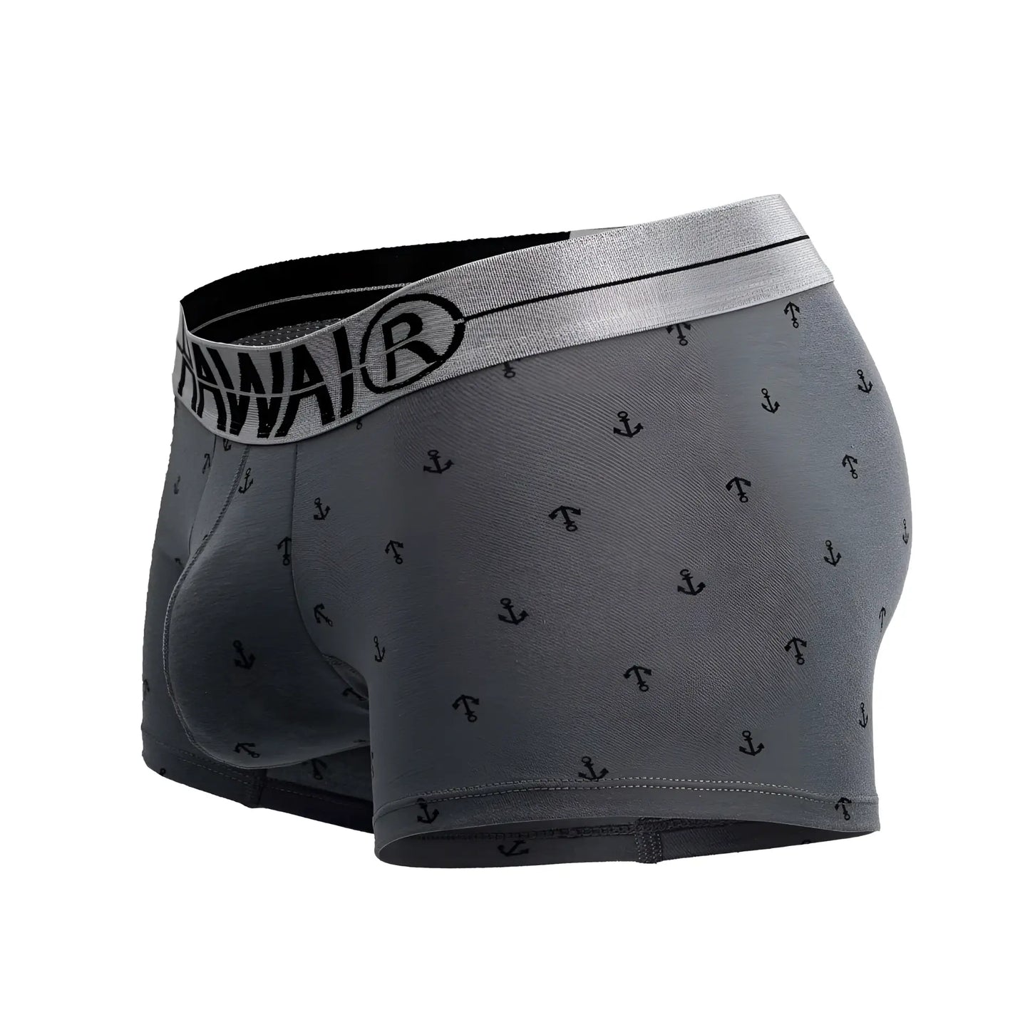 Gray men’s cotton blend boxer briefs with black anchor pattern and silver waistband featuring hawai logo