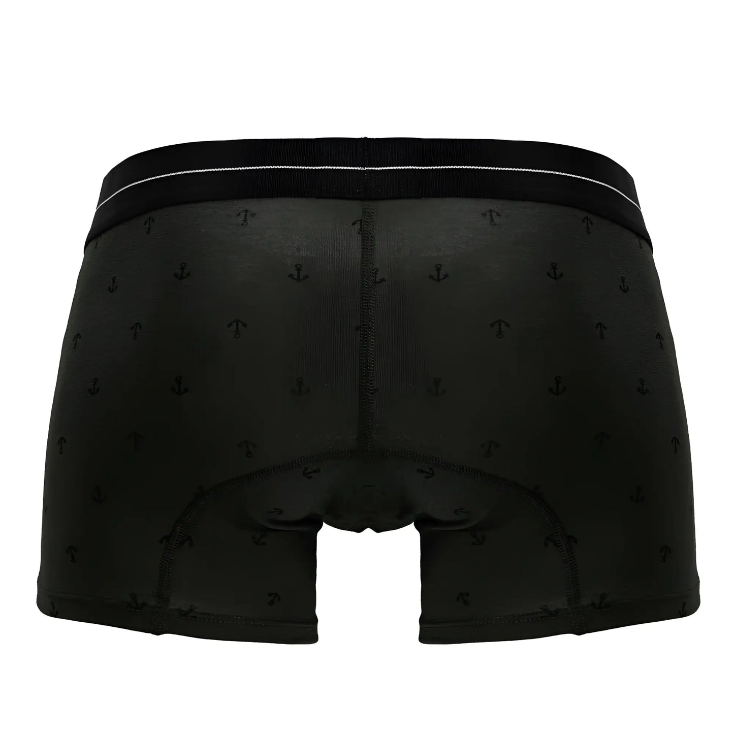 Black boxer briefs with subtle anchor pattern white waistband trim cotton blend trunks in military green color