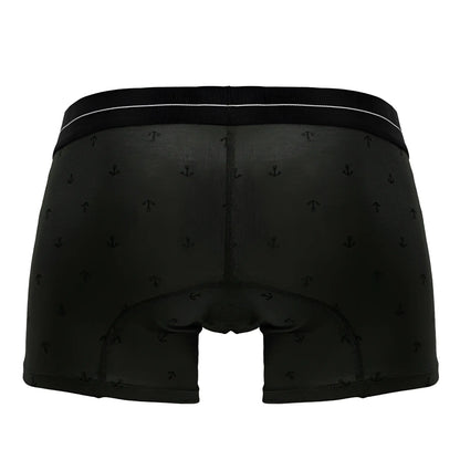Black boxer briefs with subtle anchor pattern white waistband trim cotton blend trunks in military green color