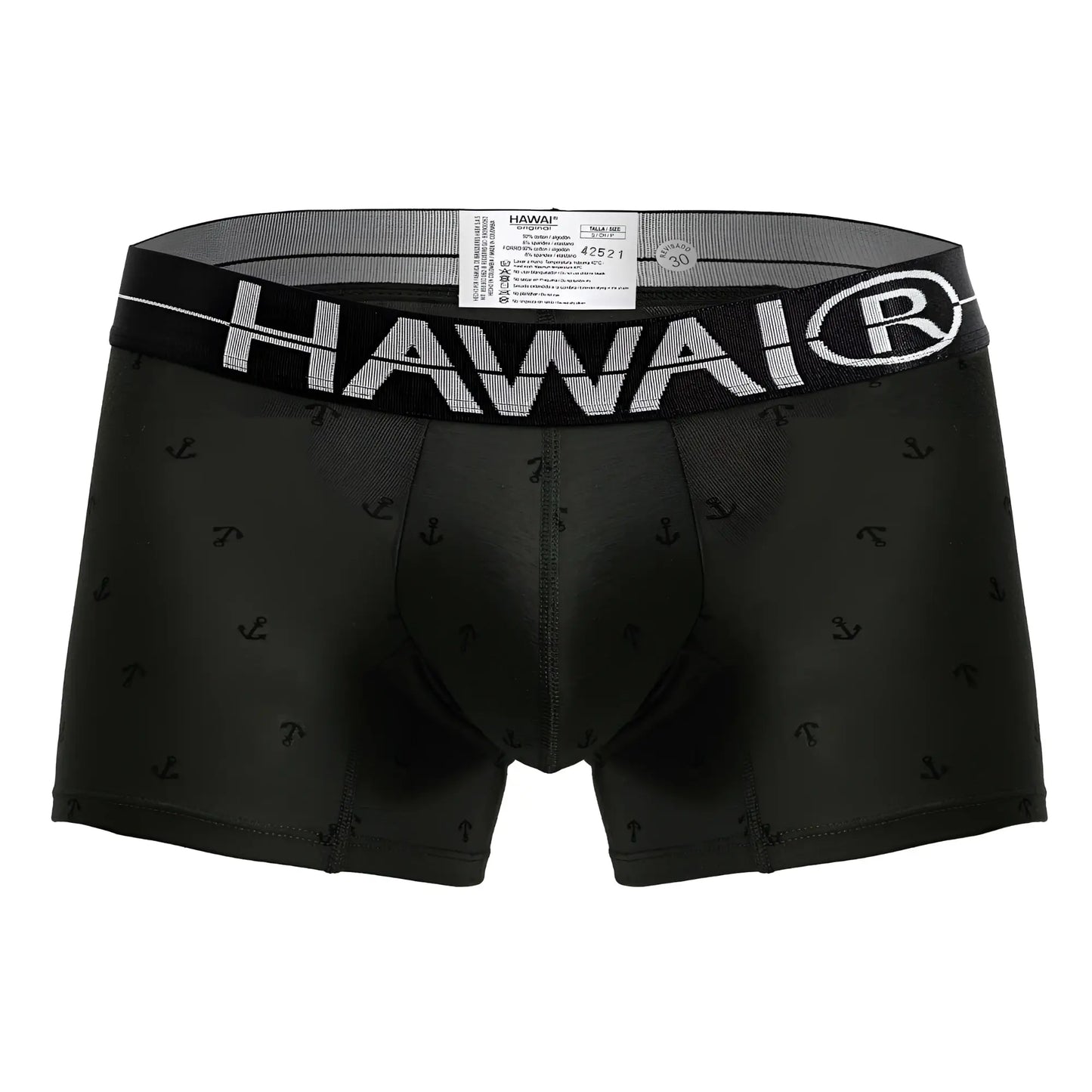 Black Hawai 42521 cotton blend men’s boxer briefs in military green with subtle anchor pattern and white logo waistband