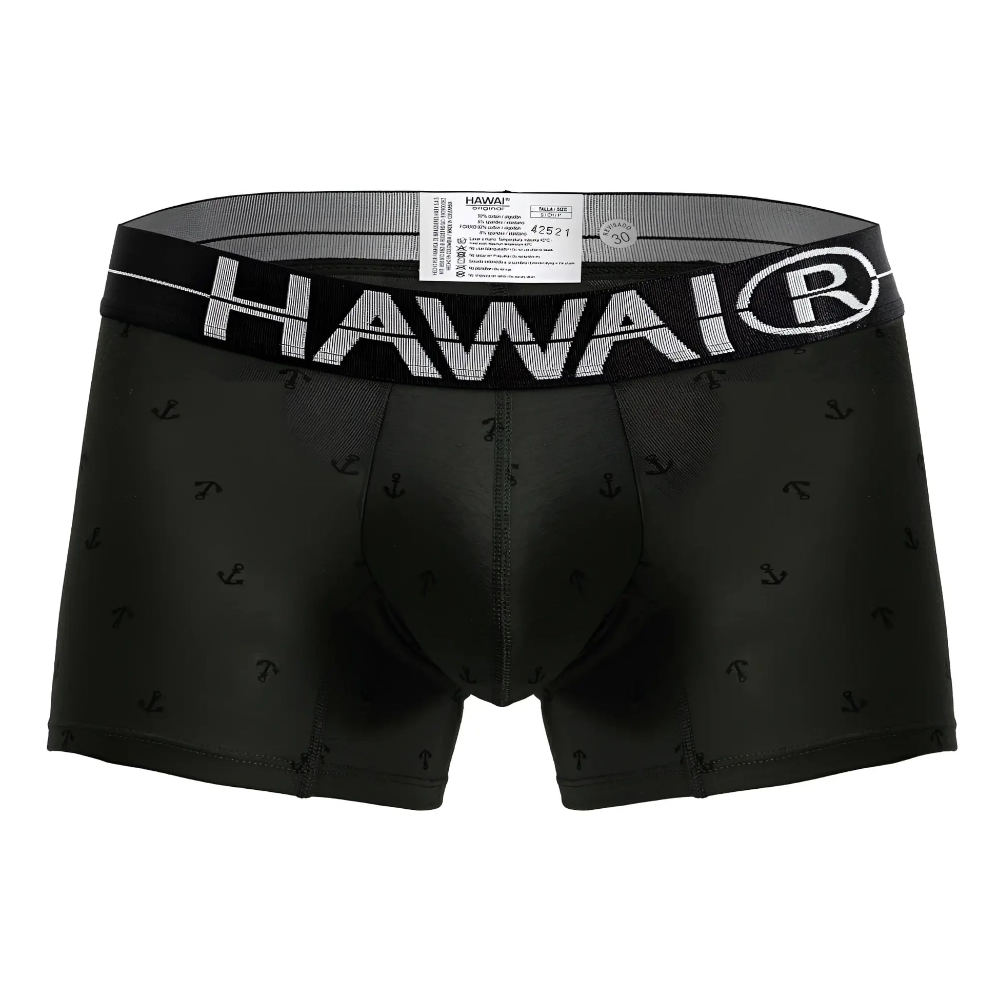 Black Hawai 42521 cotton blend men’s boxer briefs in military green with subtle anchor pattern and white logo waistband