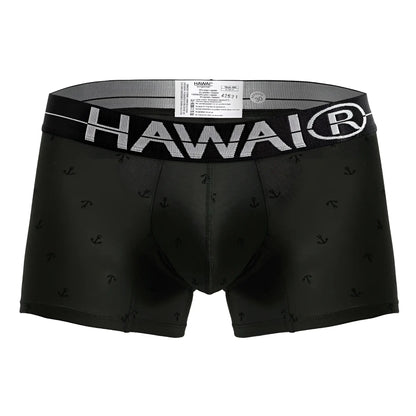 Black Hawai 42521 cotton blend men’s boxer briefs in military green with subtle anchor pattern and white logo waistband