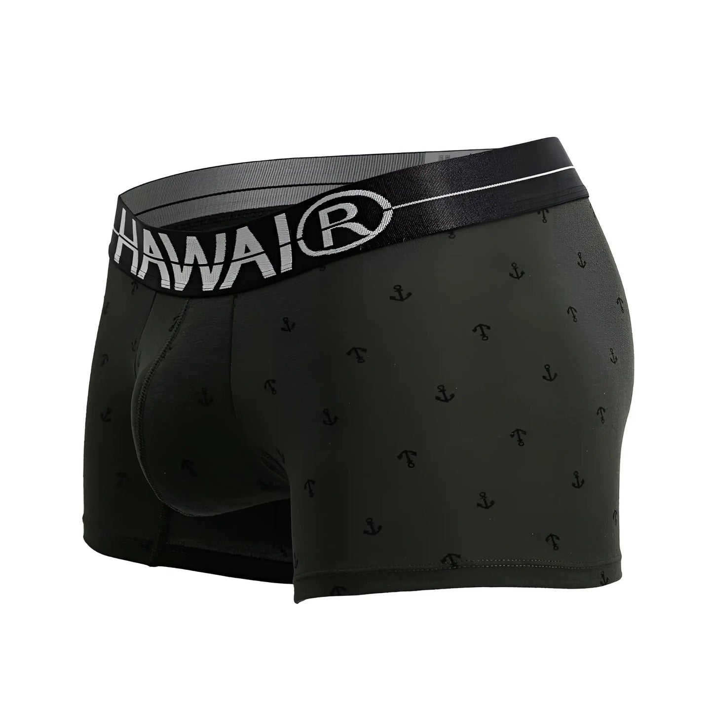 Black Hawaiian men’s boxer briefs in military green cotton blend with subtle anchor pattern and branded waistband