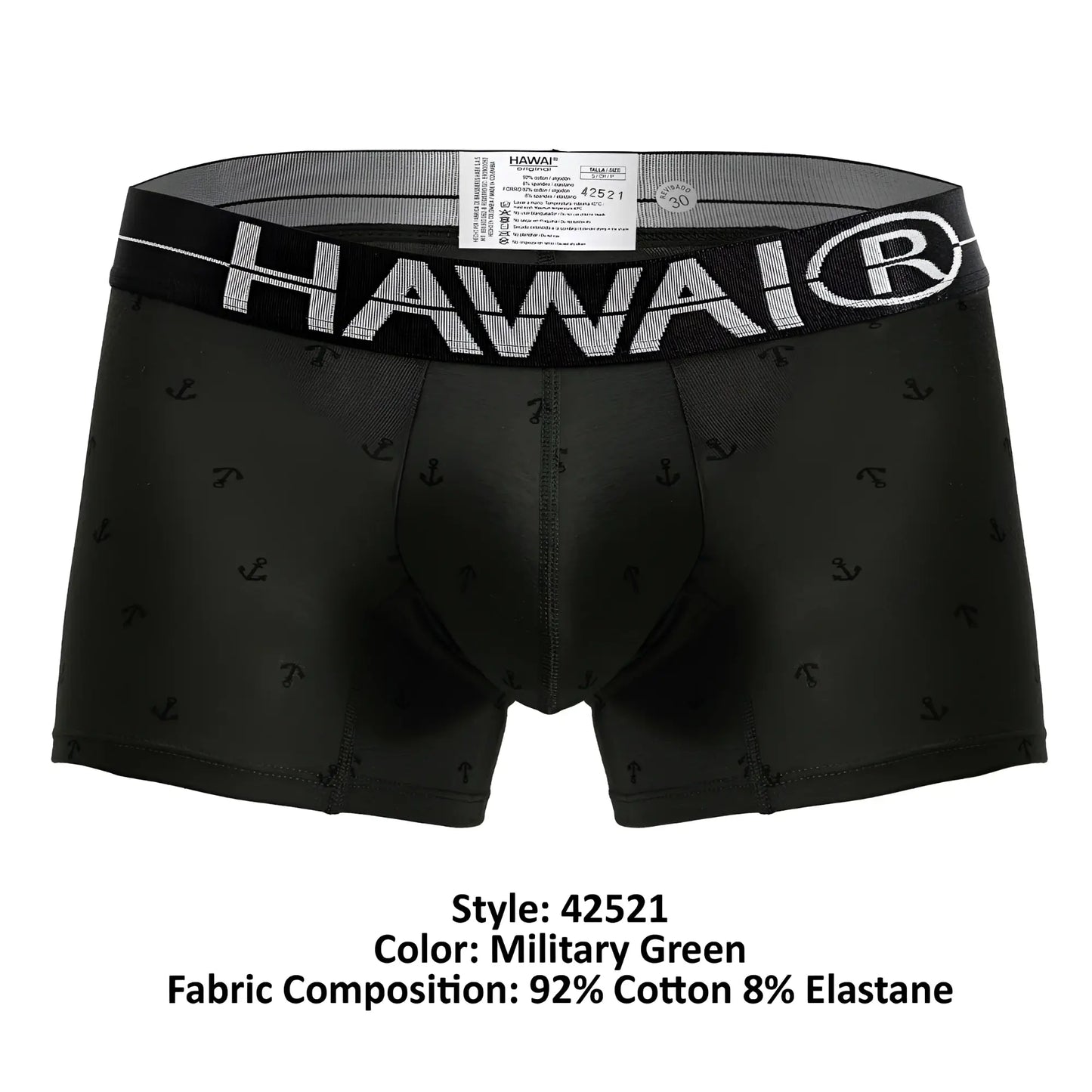 Black men’s boxer briefs with subtle anchor pattern and bold white hawai logo on military green cotton blend trunks
