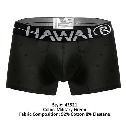 Black men’s boxer briefs with subtle anchor pattern and bold white hawai logo on military green cotton blend trunks