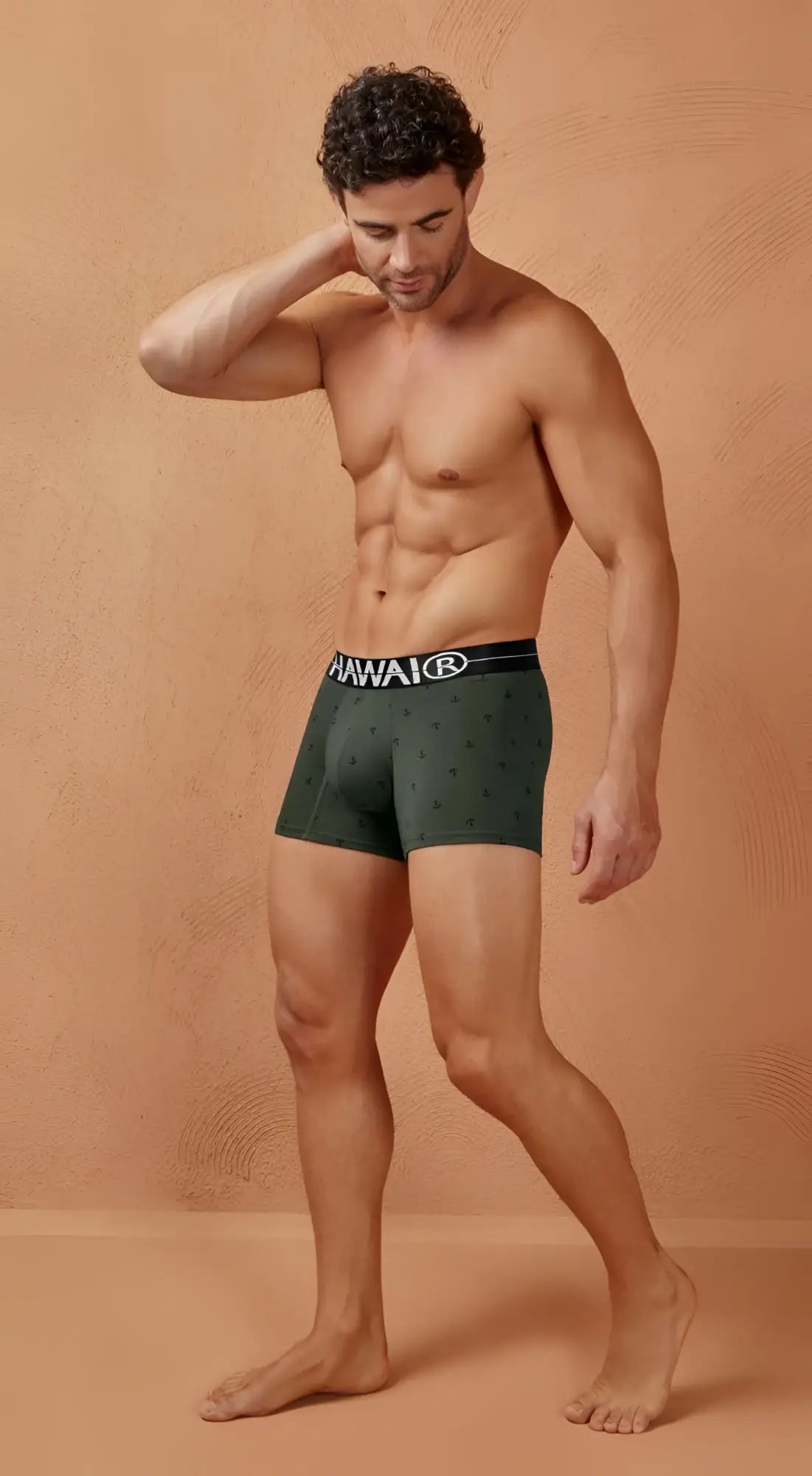 Dark green hawaiian boxer briefs with black waistband and brand logo in cotton blend military green trunks