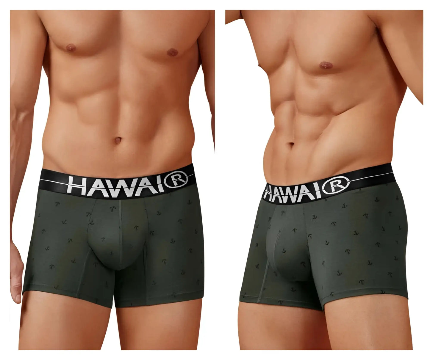 Dark green hawaiian men’s cotton blend boxer briefs with subtle anchor pattern and black hawaii logo waistband