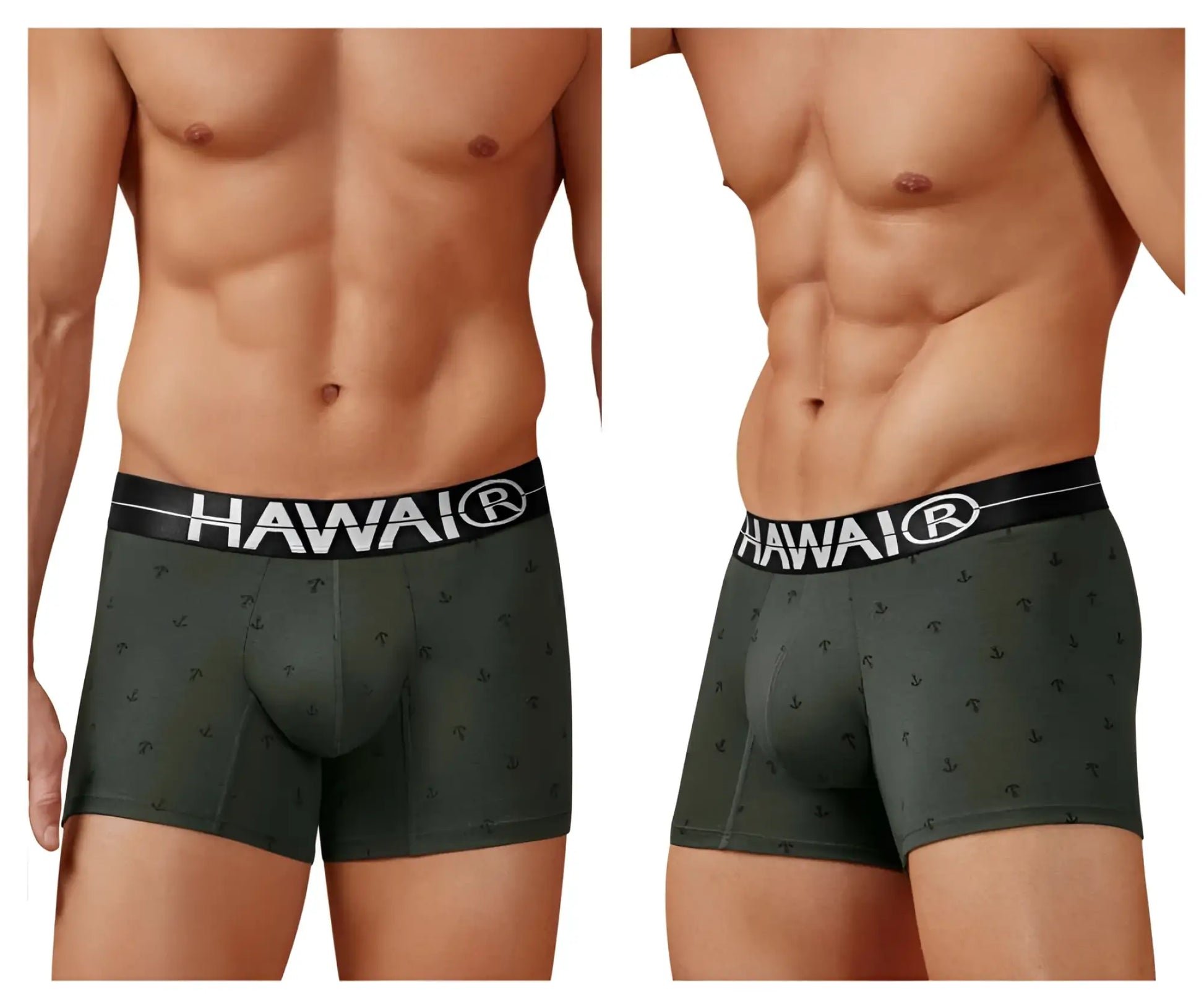 Dark green hawaiian men’s cotton blend boxer briefs with subtle anchor pattern and black hawaii logo waistband
