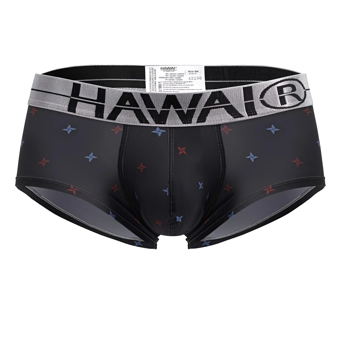 Black hawai 42530 printed microfiber men’s briefs in gray with gray waistband and red and blue star patterns