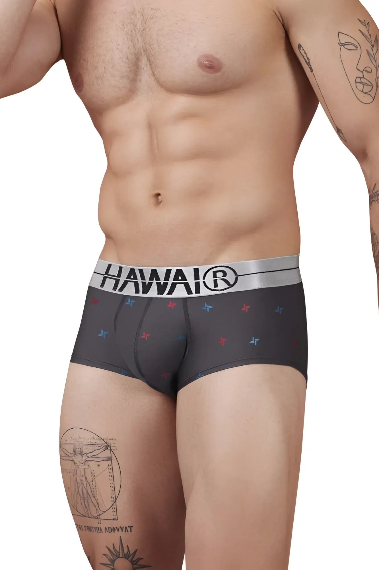 Black men’s gray microfiber boxer briefs with silver hawai waistband and red and blue star patterns