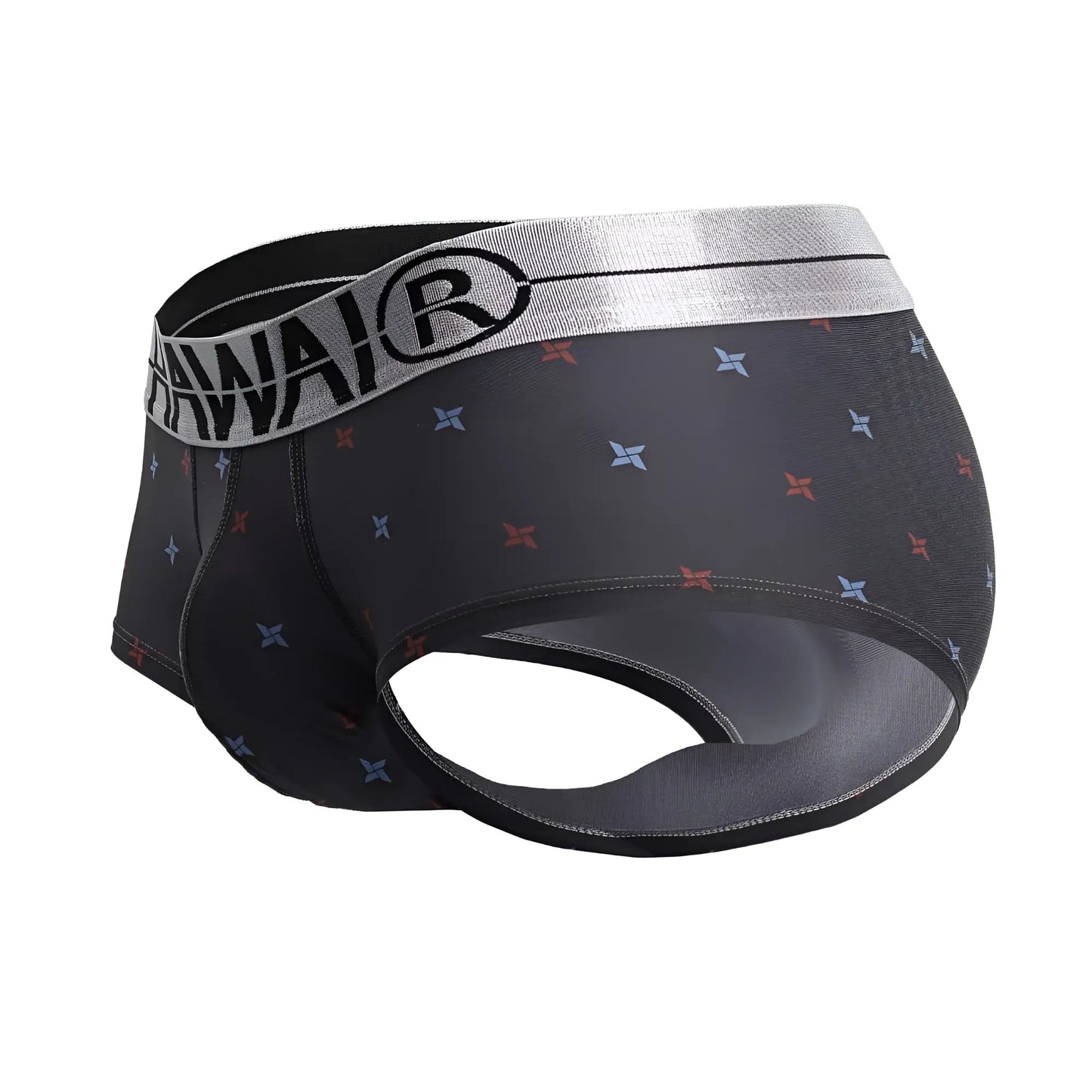 Black men’s printed microfiber briefs gray with silver hawai waistband and red blue star patterns