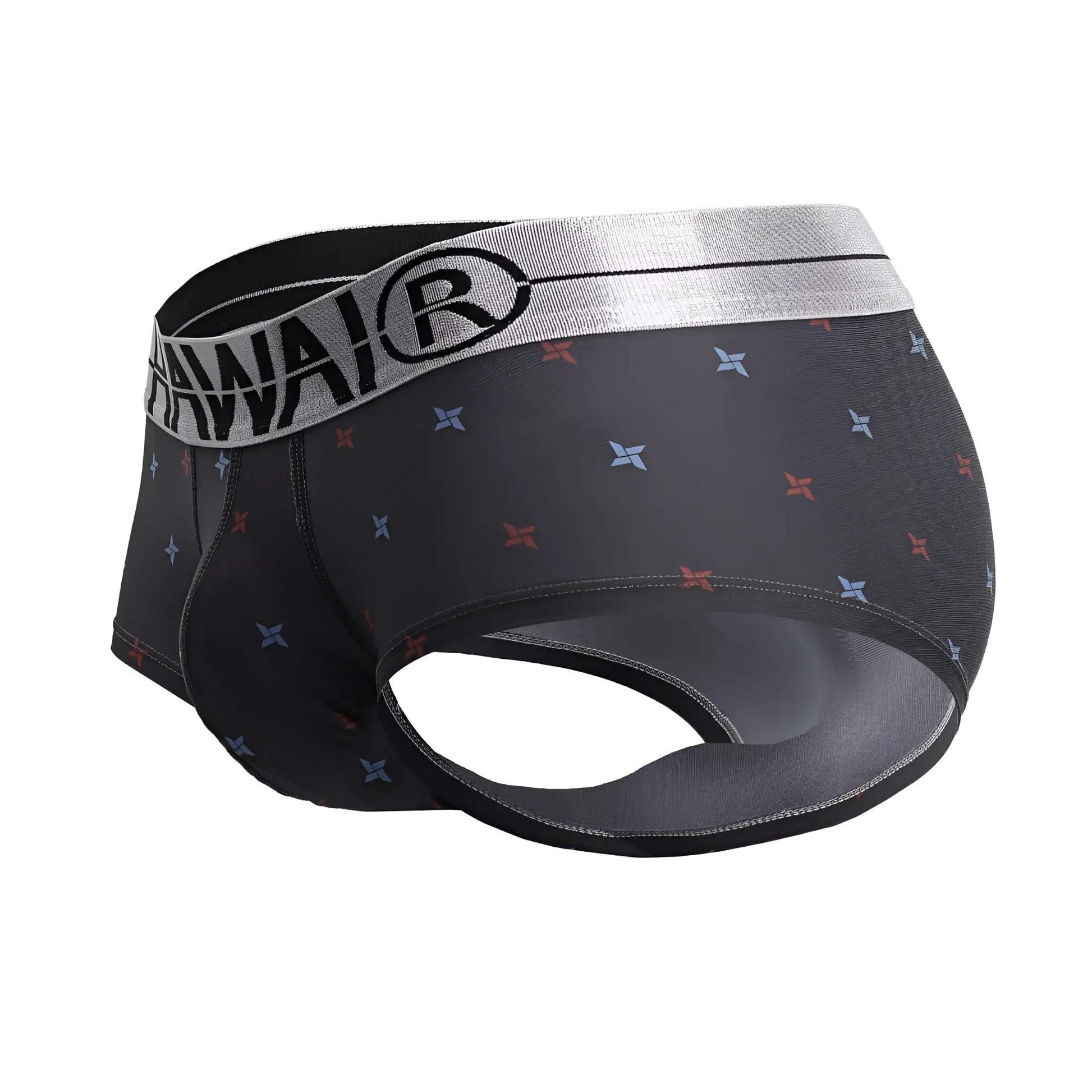 Black men’s printed microfiber briefs gray with silver hawai waistband and red blue star patterns