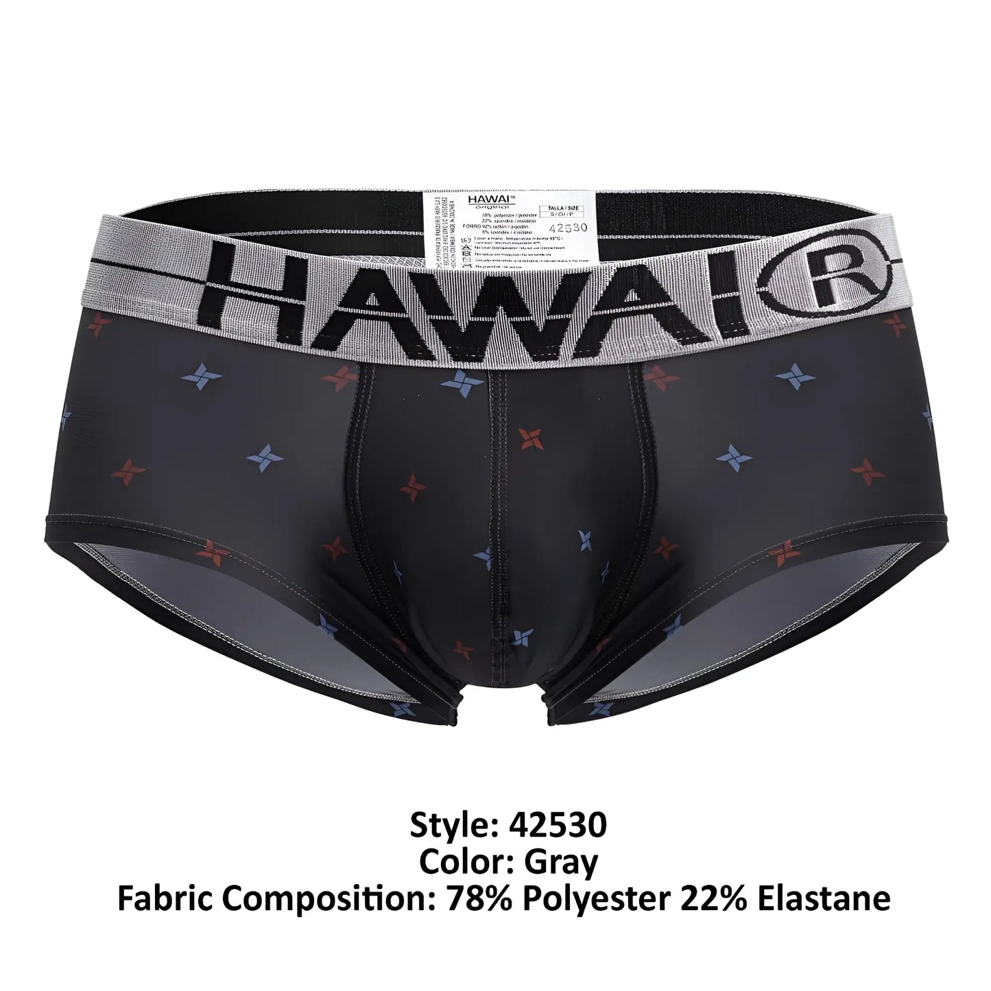 Gray hawai brand men’s microfiber briefs in gray with black waistband hawai logo and red blue star patterns