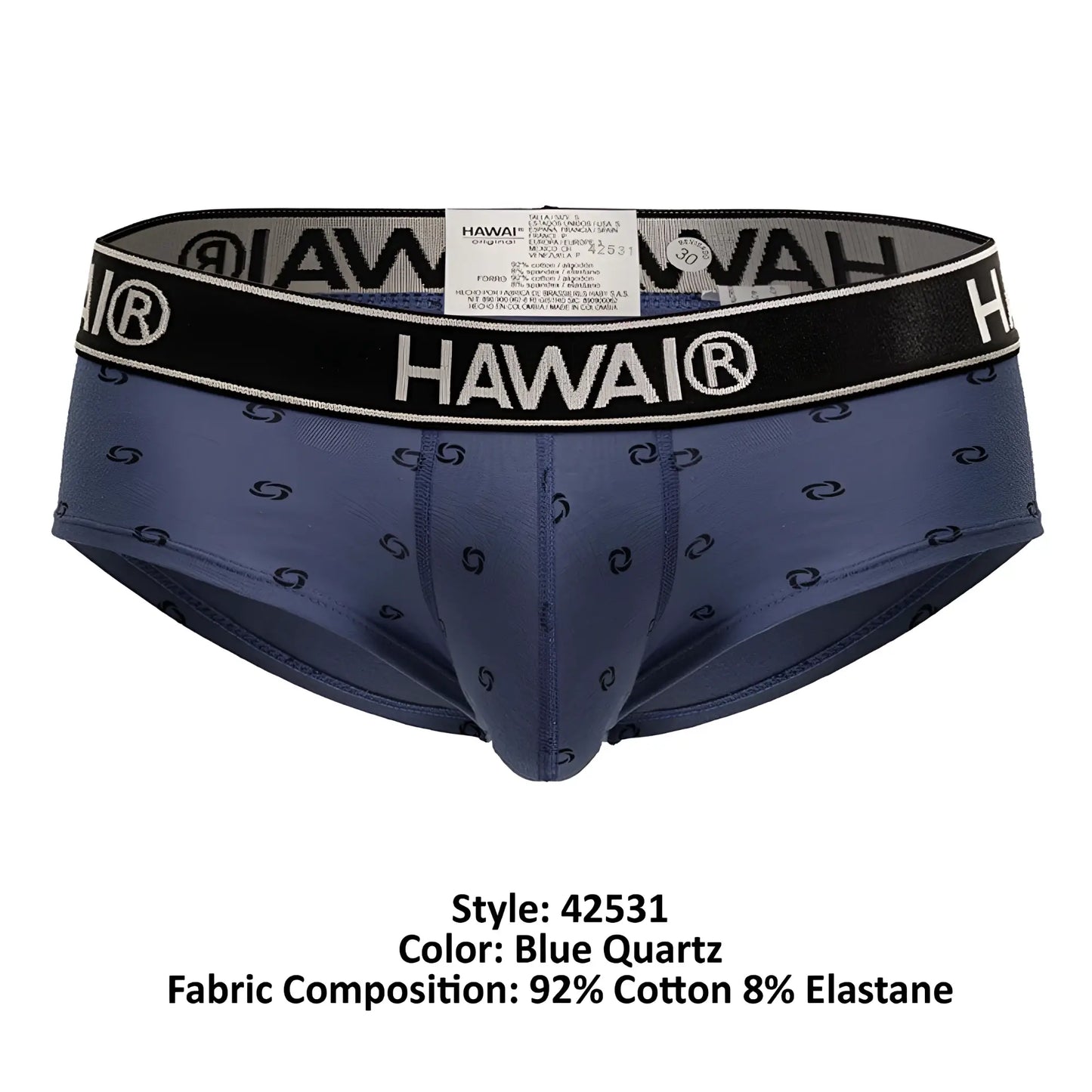 Blue quartz Hawai 42531 cotton blend men’s briefs with black s-shaped pattern and black waistband with brand name