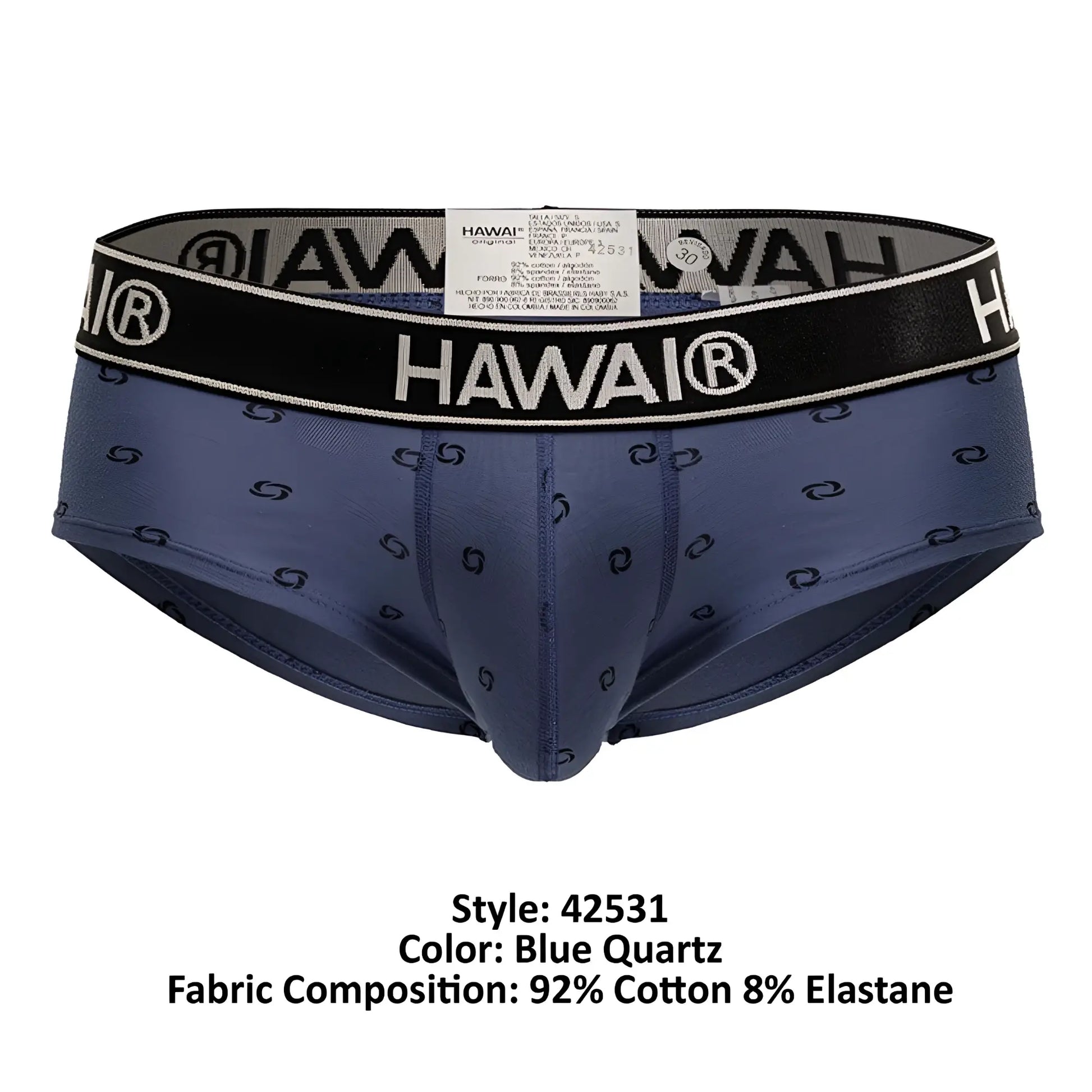 Blue quartz Hawai 42531 cotton blend men’s briefs with black s-shaped pattern and black waistband with brand name