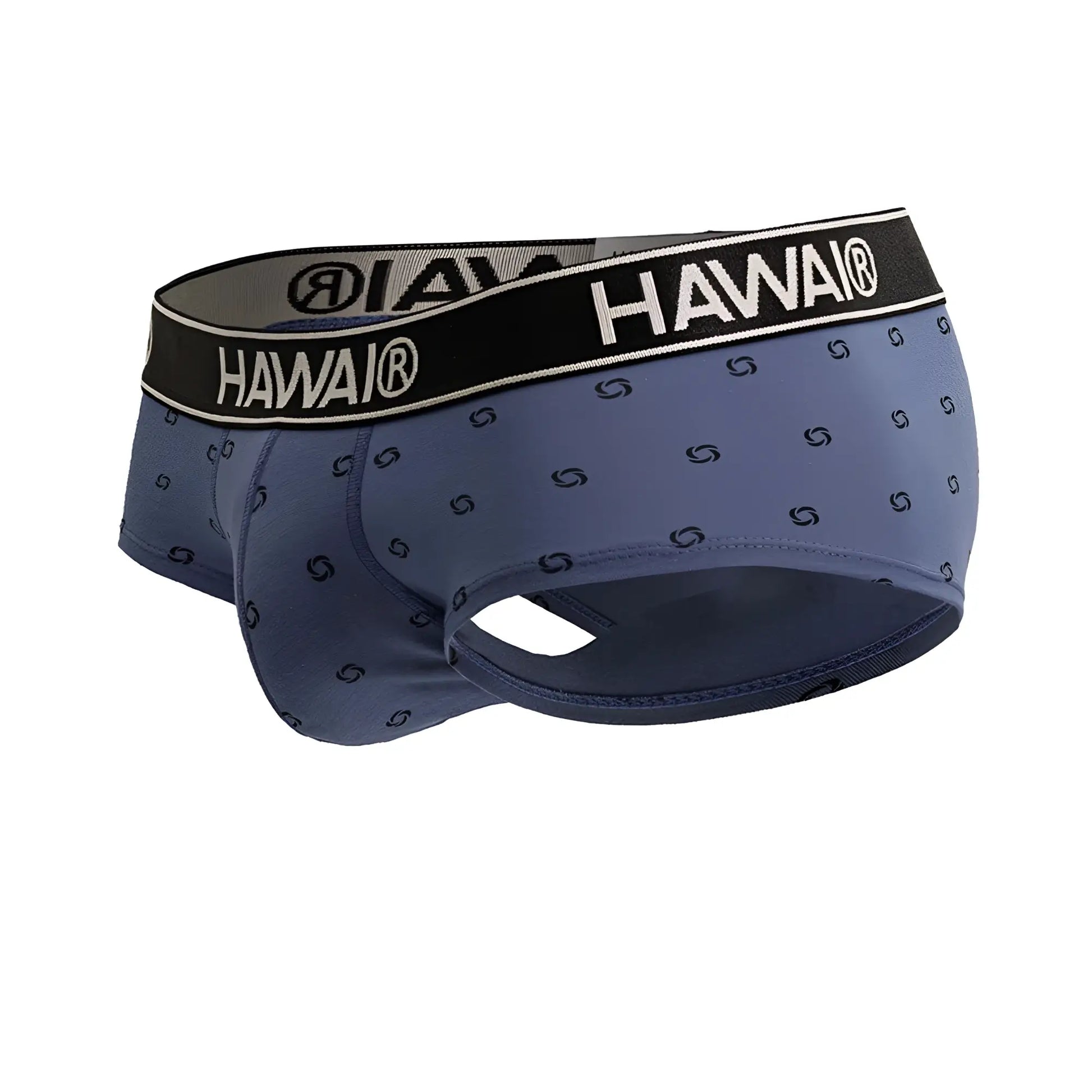 Blue hawai men’s briefs in blue quartz with black waistband, white lettering, dark blue swirl patterns, cotton blend fabric