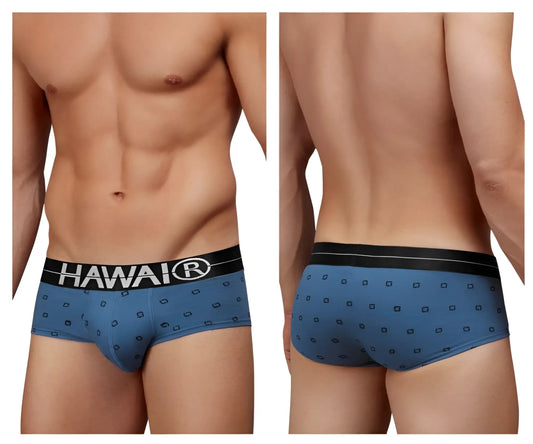 Blue quartz cotton blend briefs by hawai with black waistband and white hawai logo and dark geometric patterns