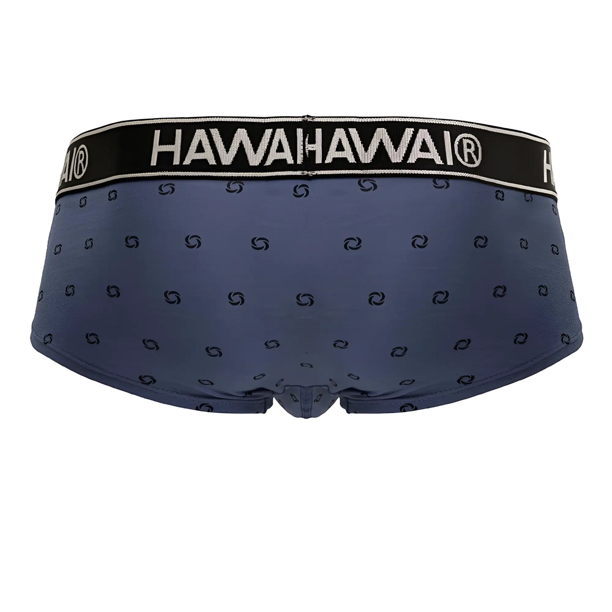 Navy blue cotton blend men’s briefs with black hawahawai® logo waistband and swirl pattern in blue quartz color