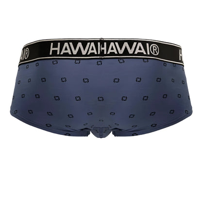 Navy blue cotton blend men’s briefs with black hawahawai® logo waistband and swirl pattern in blue quartz color