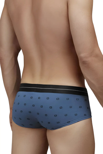 Blue quartz cotton blend briefs with blue pattern and black waistband featuring white stripes