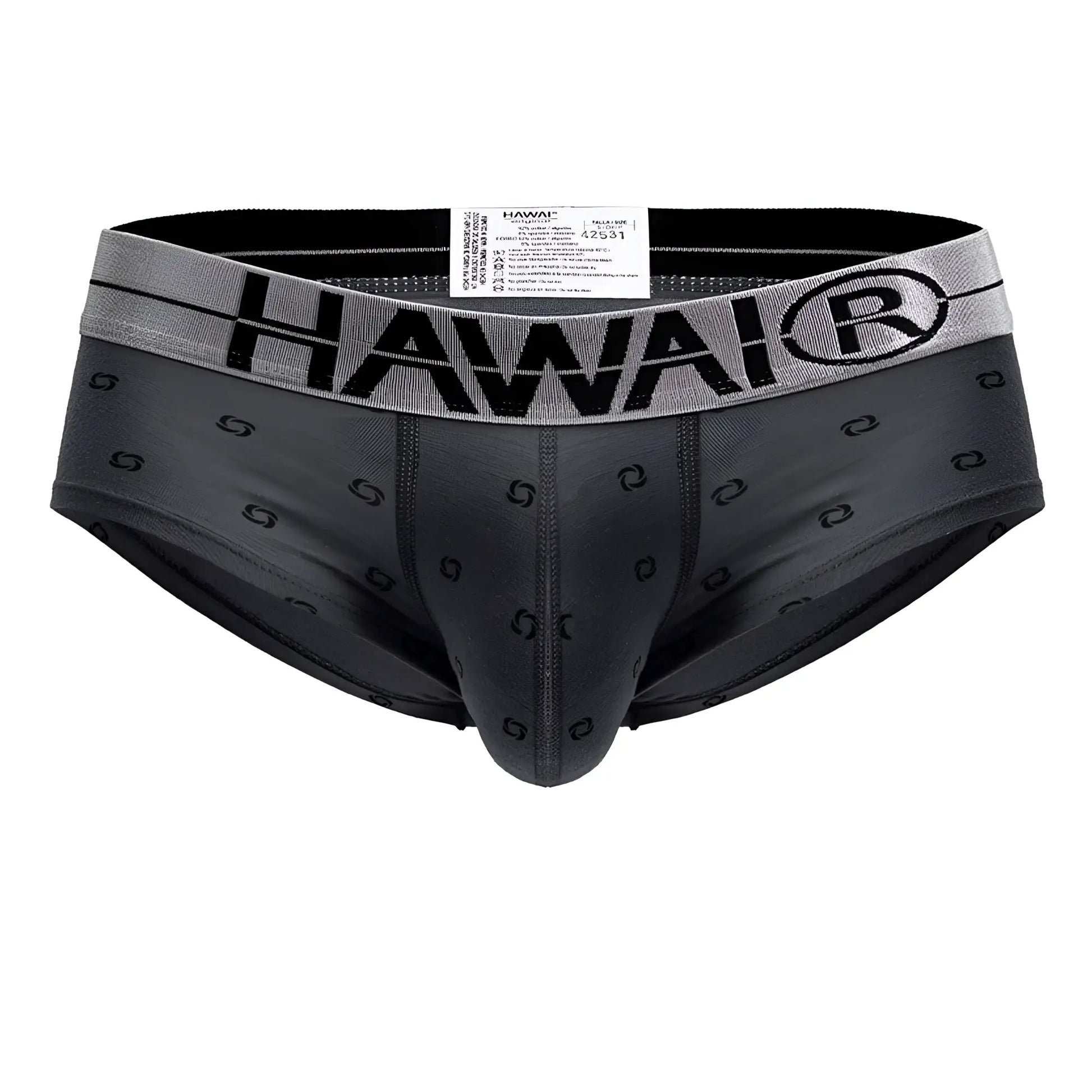 Gray hawaiian brand cotton blend briefs with subtle black swirl pattern in a black and gray color scheme