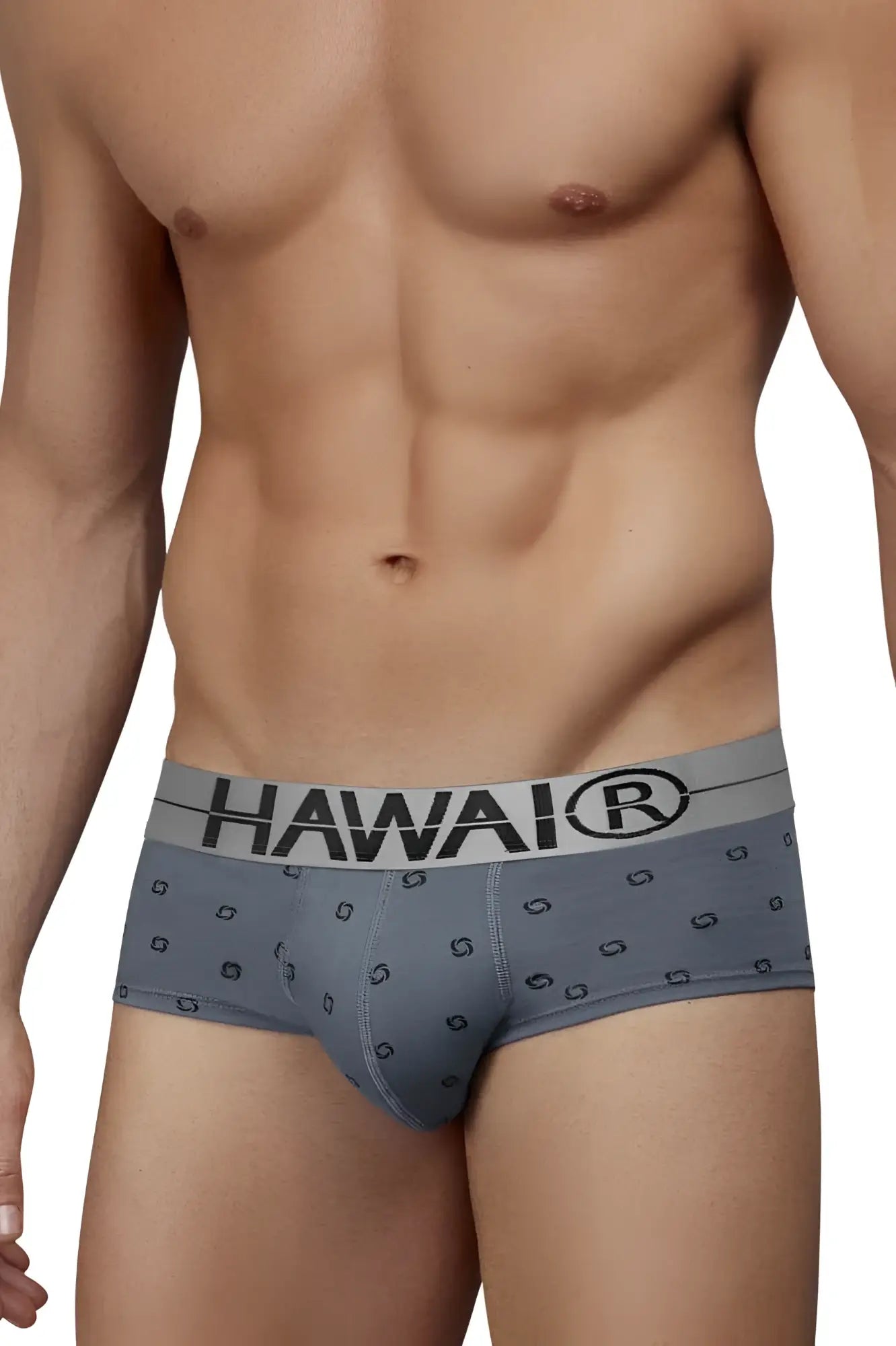 Gray hawai branded cotton blend briefs in gray with a subtle pattern of black geometric shapes