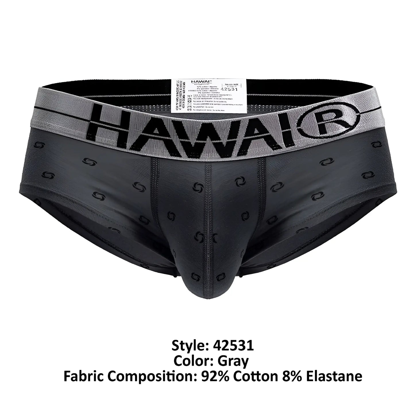 Gray hawai 42531 cotton blend men’s briefs with subtle s pattern and gray waistband featuring brand logo
