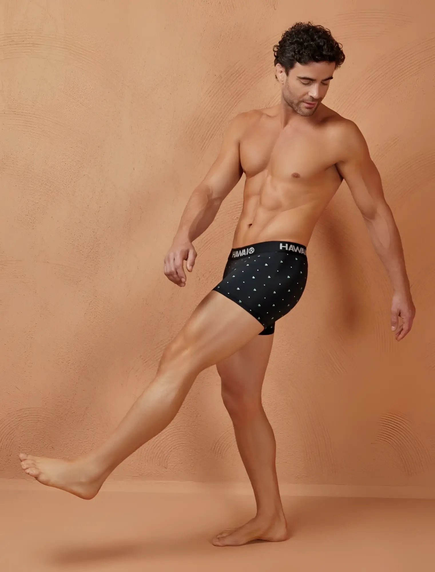 Black h&m men’s microfiber briefs with white polka dots hawi 42570 trunks in black color front view