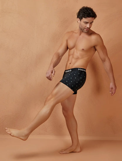 Black h&m men’s microfiber briefs with white polka dots hawi 42570 trunks in black color front view