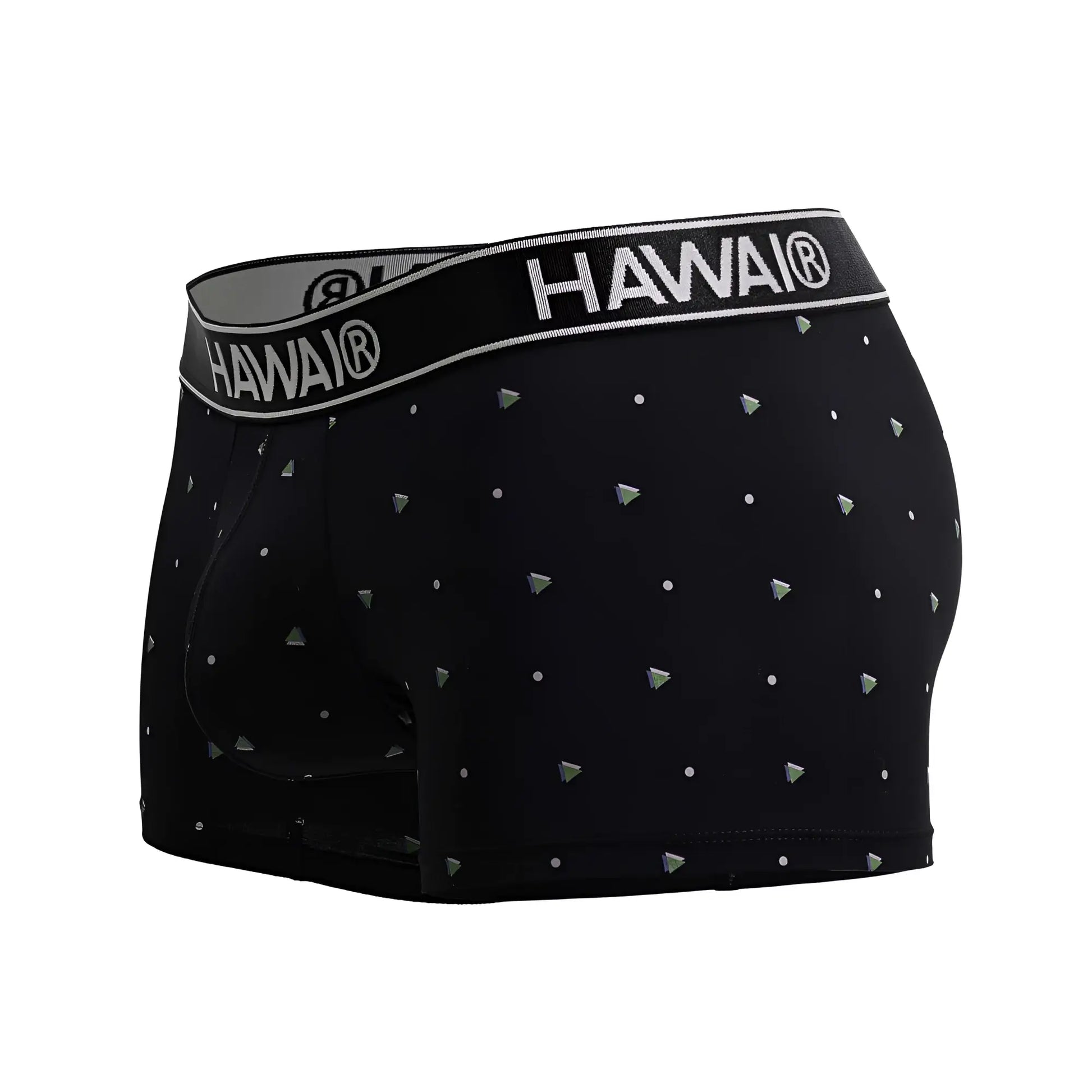 Black Hawai 42570 microfiber trunks in black with silver triangular studs and small white dots pattern