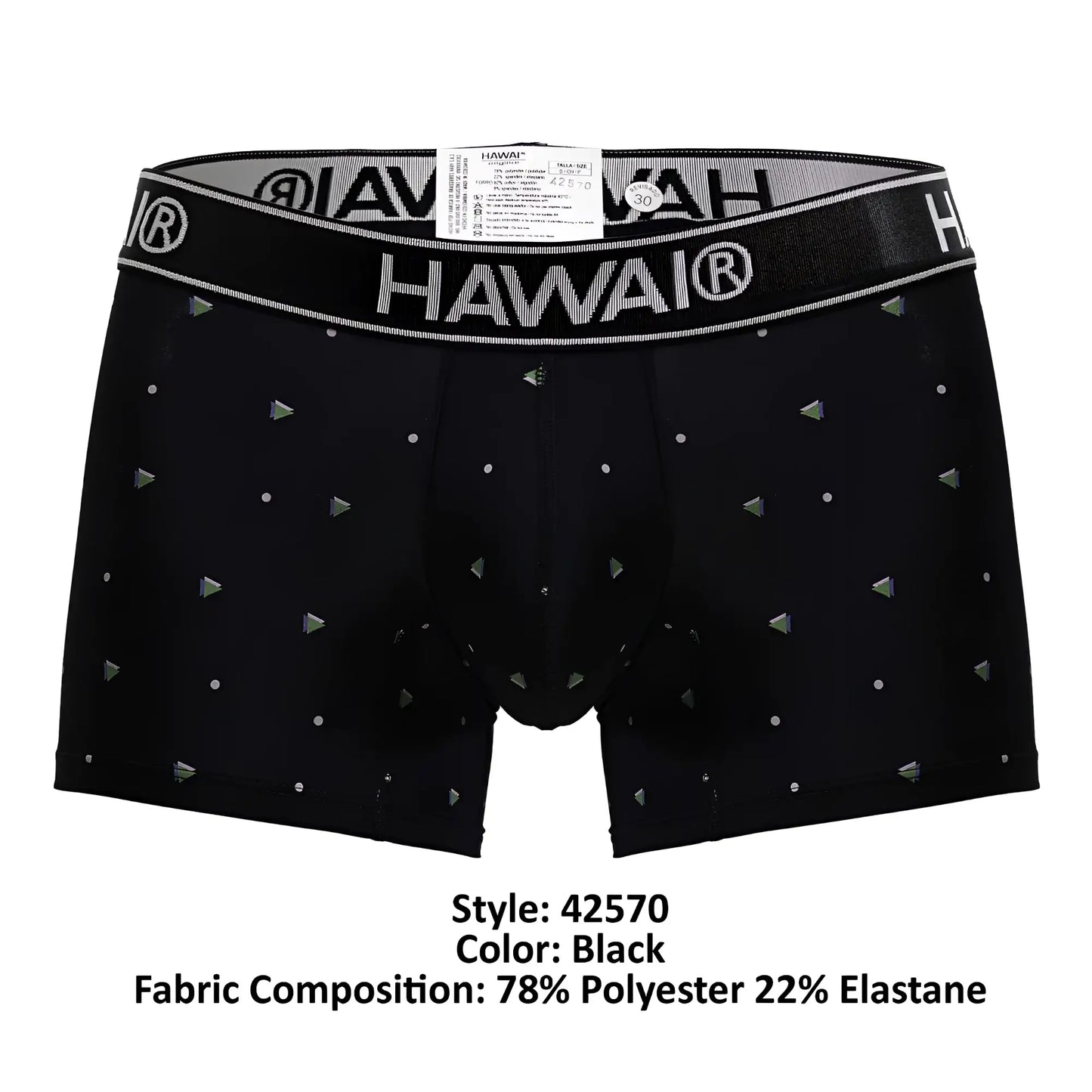 Black Hawai 42570 microfiber boxer briefs in black with silver triangle and dot pattern and branded elastic waistband