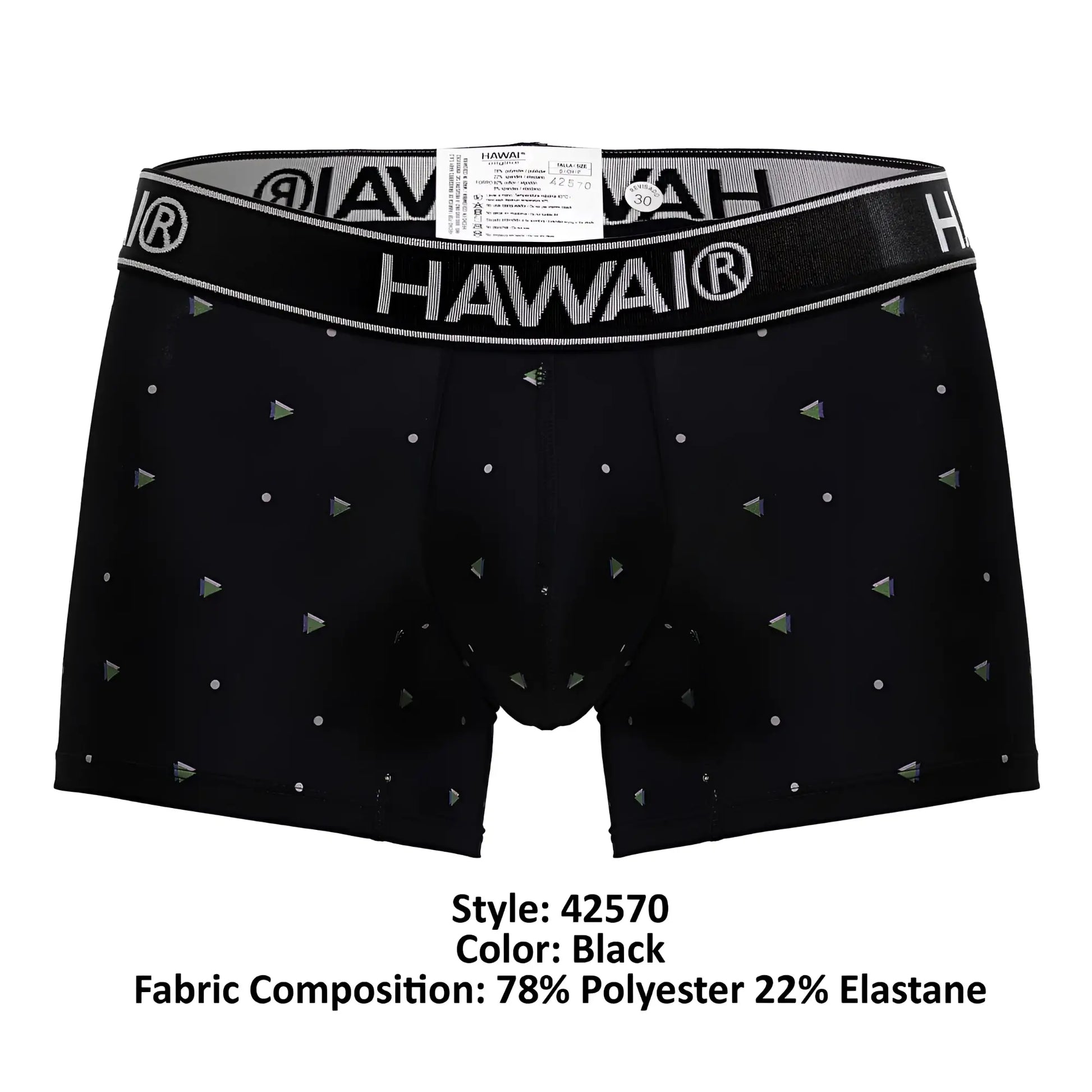 Black Hawai 42570 microfiber boxer briefs in black with silver triangle and dot pattern and branded elastic waistband