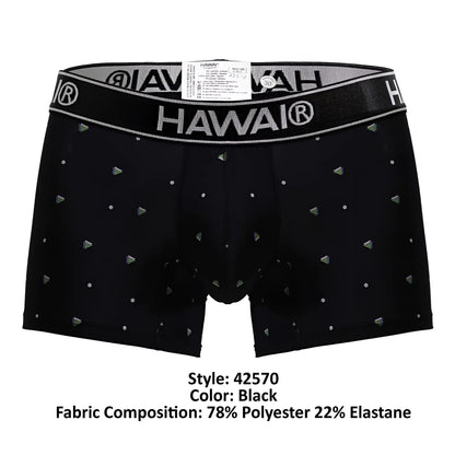 Black Hawai 42570 microfiber boxer briefs in black with silver triangle and dot pattern and branded elastic waistband