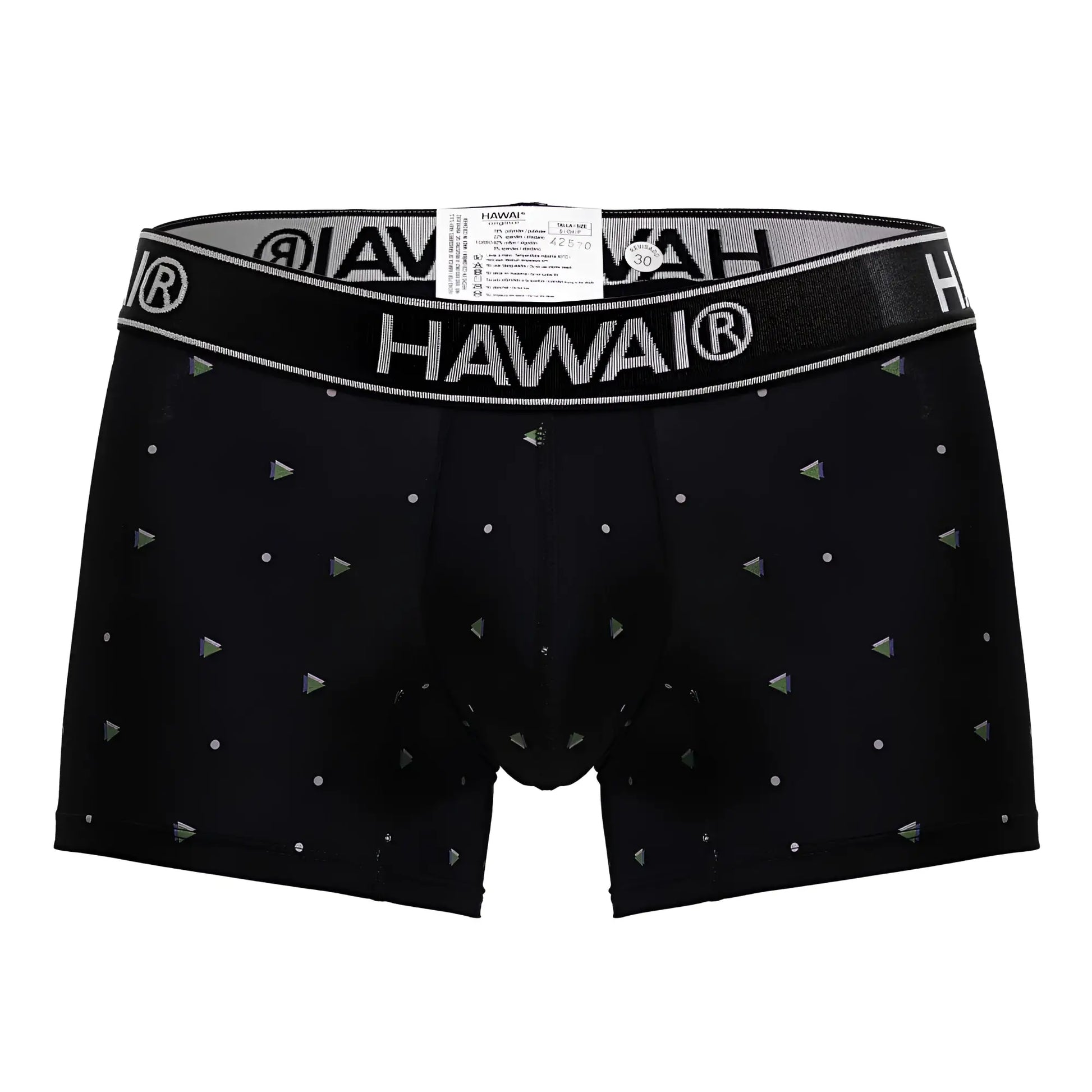 Black Hawai 42570 microfiber boxer briefs in black with a silver logo band and metallic triangle and dot patterns